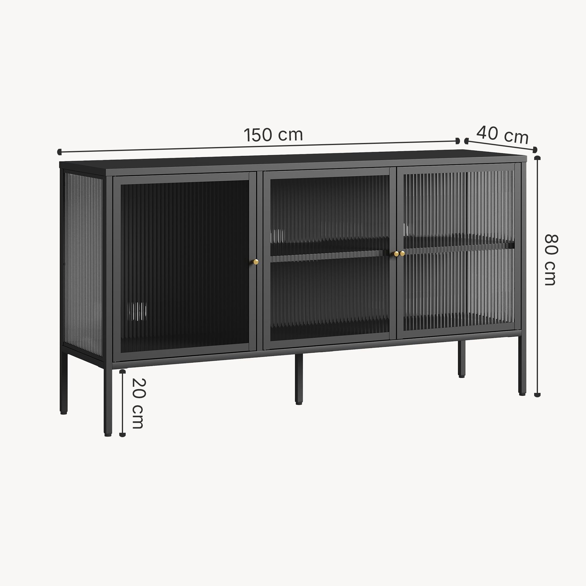[en.casa] Mobile TV Credenza Industriale in Acciaio Nero con 3 Ante in Vetro Scanalato Madia Moderna per Soggiorno con Ripiani e Passacavi 80x150x40 cm