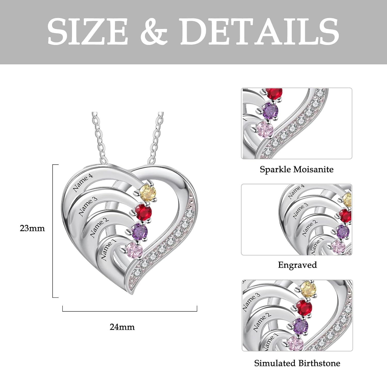 10K 14K 18K Gold Moissanite Personalized Mothers Birthstone Necklace 2~6 Family Birthstone Heart Pendant Necklace Custom Name Birthstone Necklace for Women Birthday