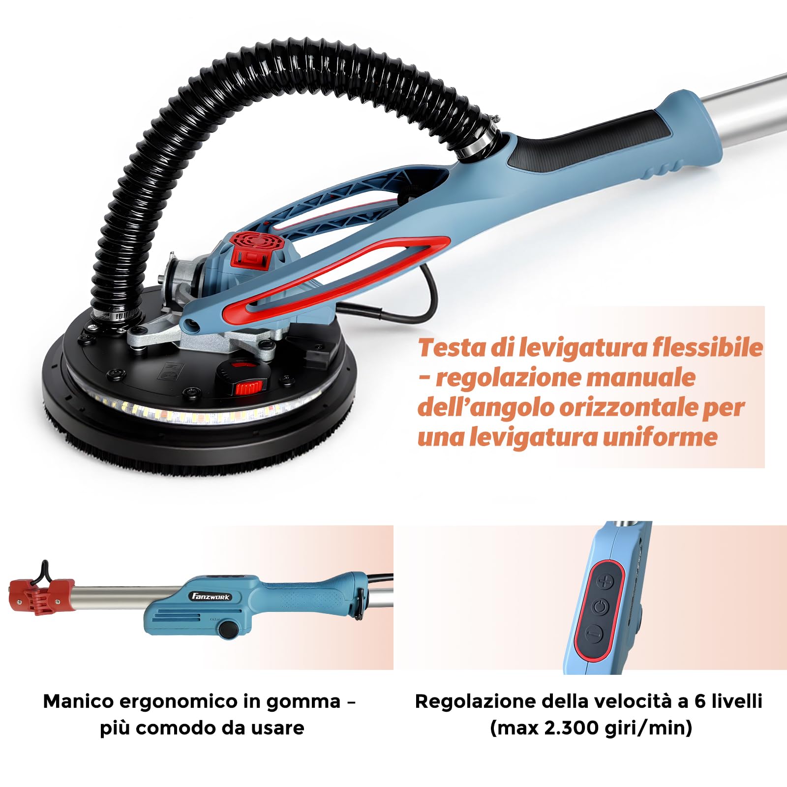 FANZWORK - Smerigliatrice per muro a secco con motore senza spazzole EC, ultra leggera, 900 W, giraffa abrasiva, 2300 giri/min(max), con sistema di aspirazione, illuminazione a LED, incl. dischi