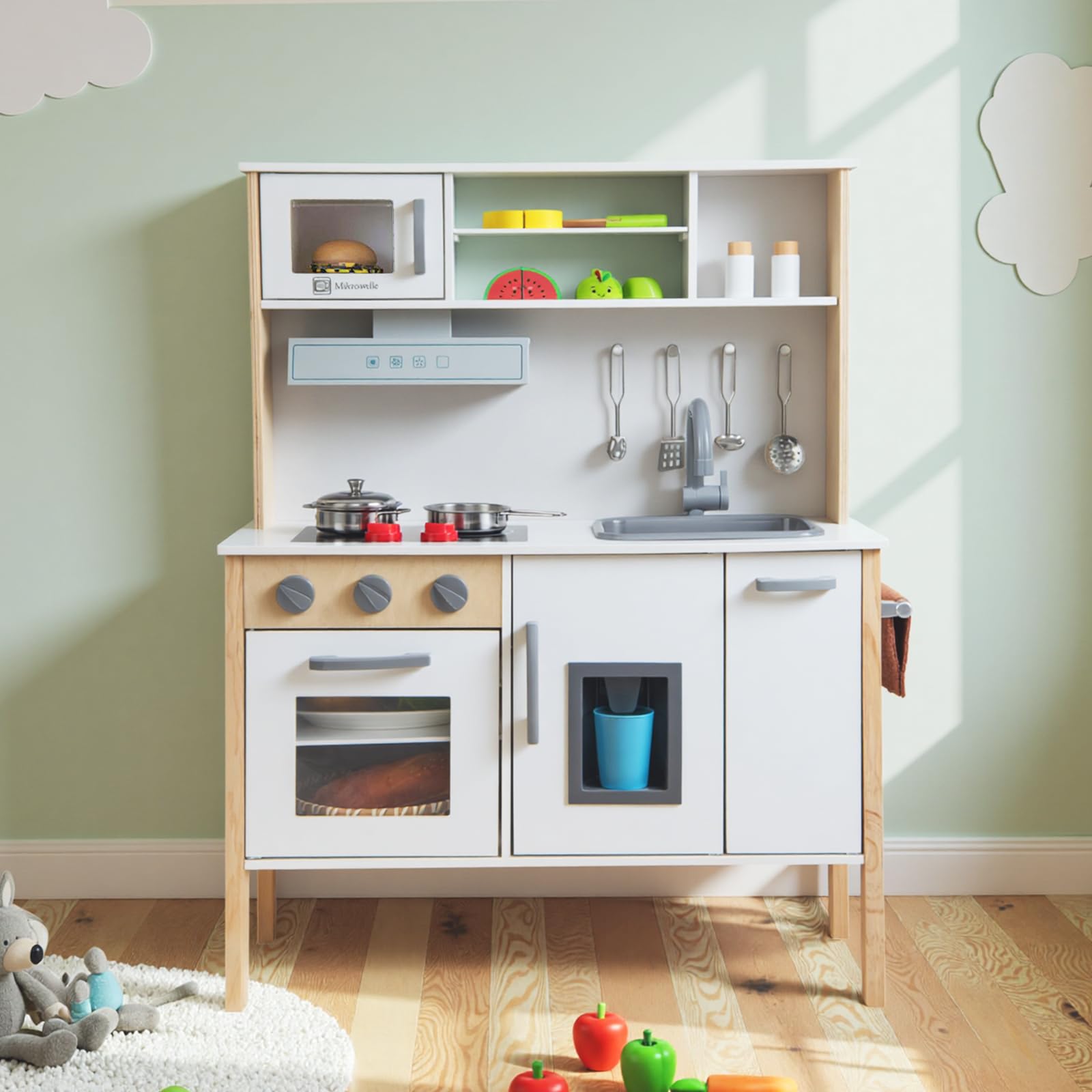 GOPLUS Drewniana kuchnia dla dzieci z kuchenką mikrofalową, zlewem, kranem, kuchenką gazową, okapem, kostkarką do lodów i piekarnikiem, zabawkowa kuchnia drewniana dla dzieci od 3 lat (biała)