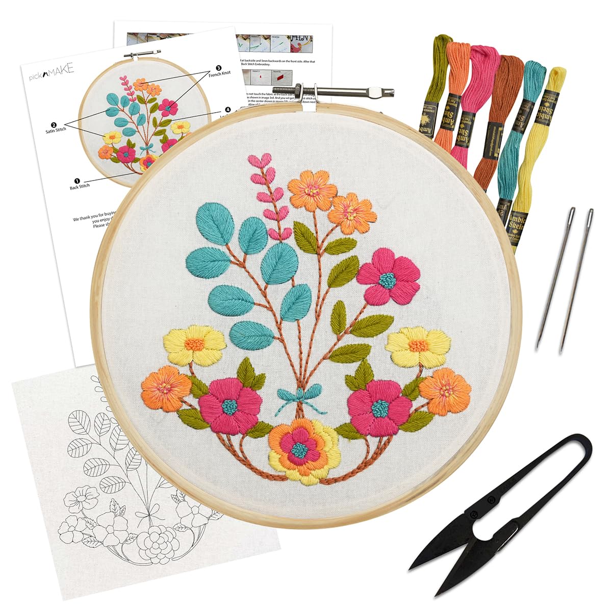 Samyuktha Kit de bordado a mano de punto de cruz para principiantes, adultos, niños con patrón y tela, diseño de ramo floral multicolor, instrucciones escritas, aro de bordado y todos los demás