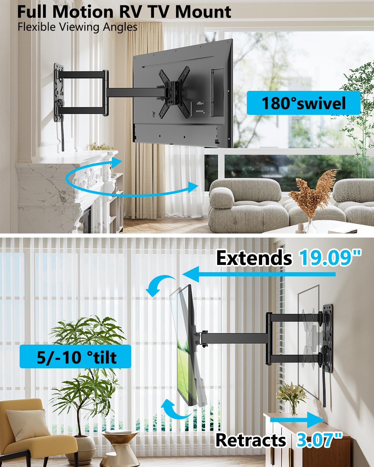 FORGING MOUNT Supporto da parete per TV RV con serratura da orizzontale a verticale per TV e monitor da 13-43 pollici, supporto da parete per monitor TV Full Motion con sgancio rapido per camper