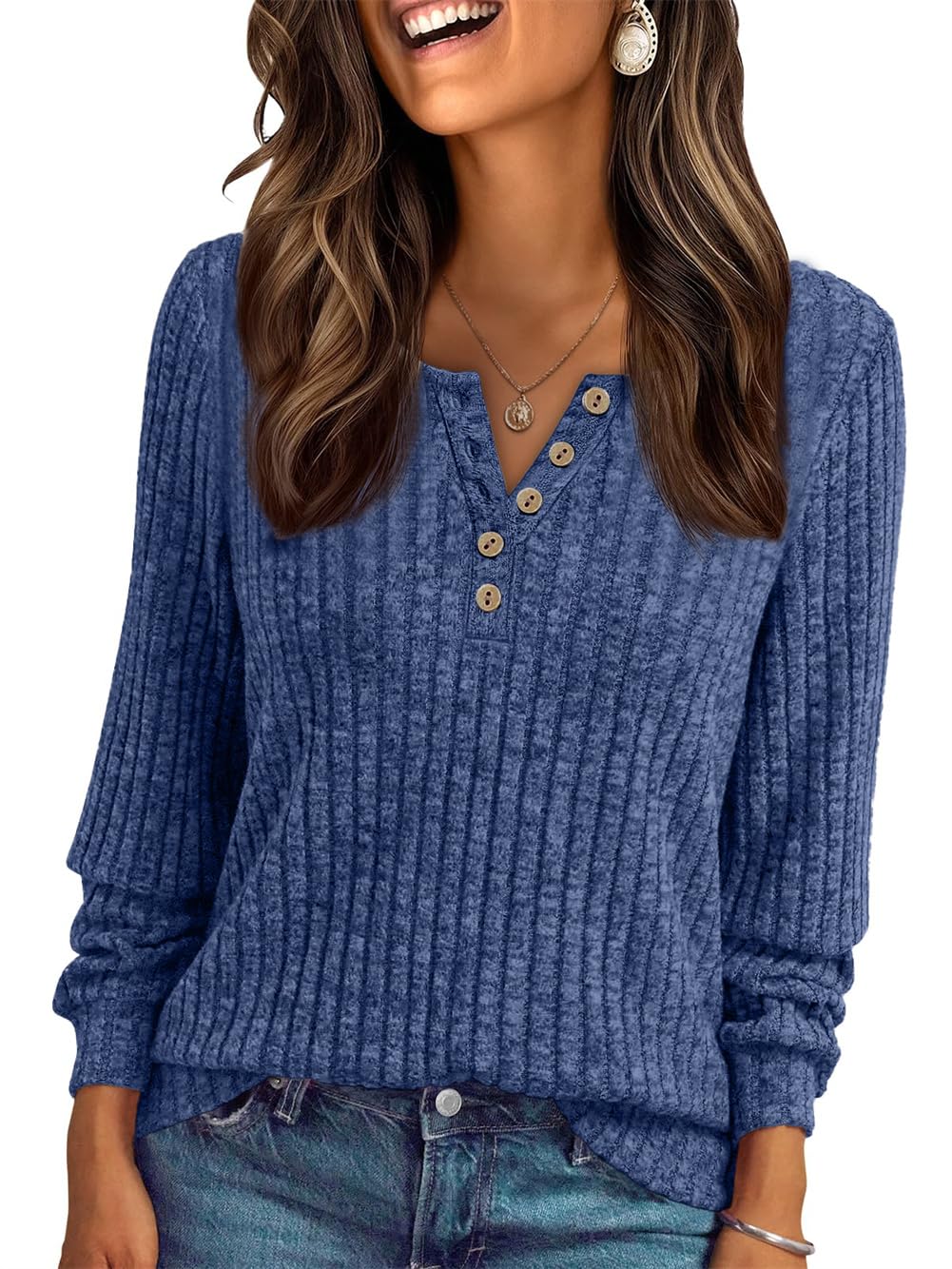 AirMood Damen-T-Shirt, elegant, lässig, langärmelig, gerippt, Tunika, Tops, lockere Passform, Sweatshirts