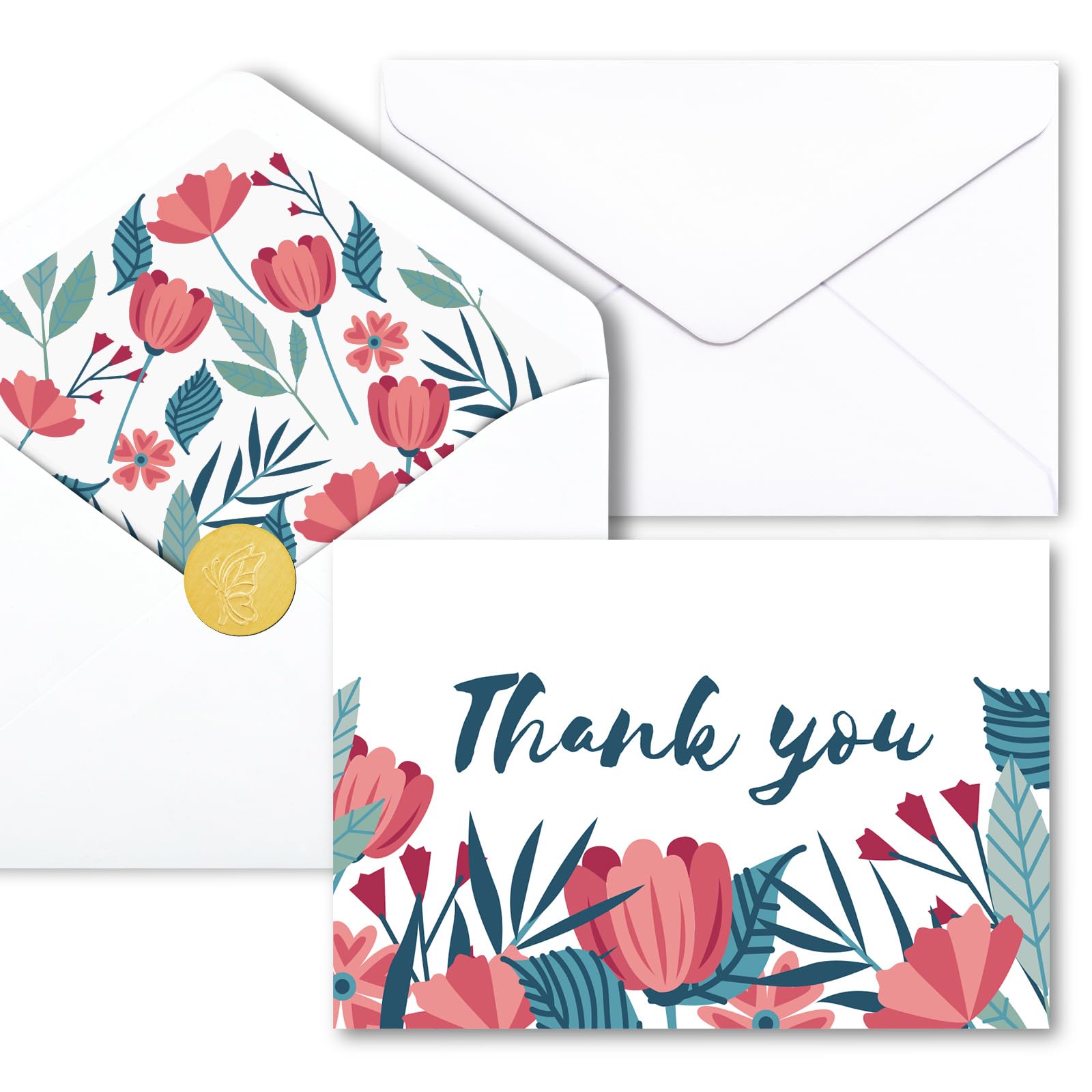 AZAZA Floral Thank You Cards with Envelopes 24 PK, Wedding Cards Unique Floral Design, 4x6 Wildflower Thank You Notes for Baby Shower, Bridal Shower,