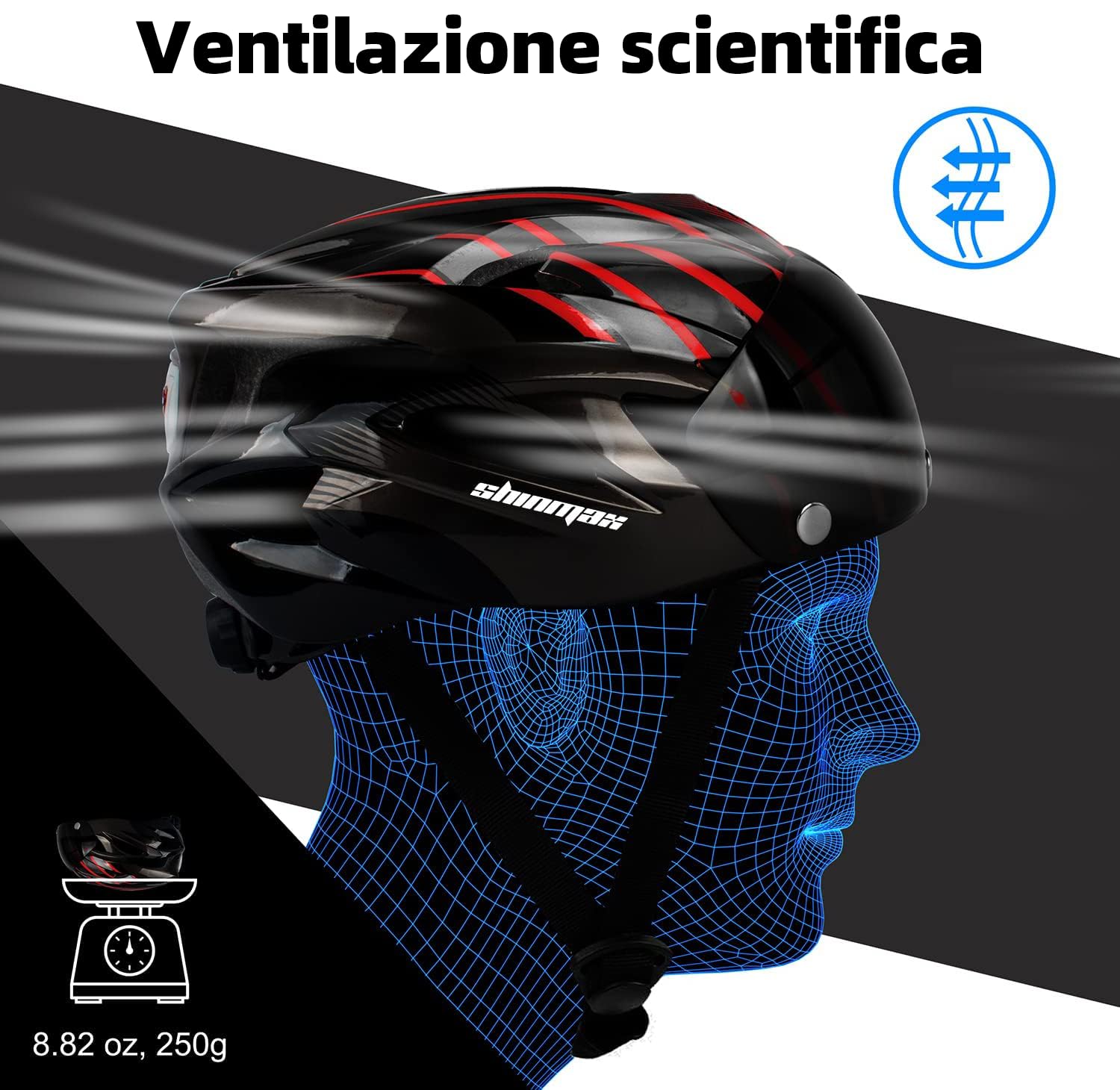 Shinmax Casco Bici Uomo Donna con Luce di LED Casco MTB con Visiera Magnetica Staccabile Shield Caschi Bici Leggero Casco da Bicicletta Unisex Adulto Caschetto Bici Ciclismo Regolabile 56-62cm