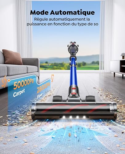 Fieety Aspirateur Balai sans Fil avec 2 Batteries, 130Min/50kPa/600W Aspirateur sans Fil Puissant, Tuyau Extensible, Brosse Canapé, Parfumé, Mode Automatique pour Sols Durs, Tapis, Animaux et Voiture - 4
