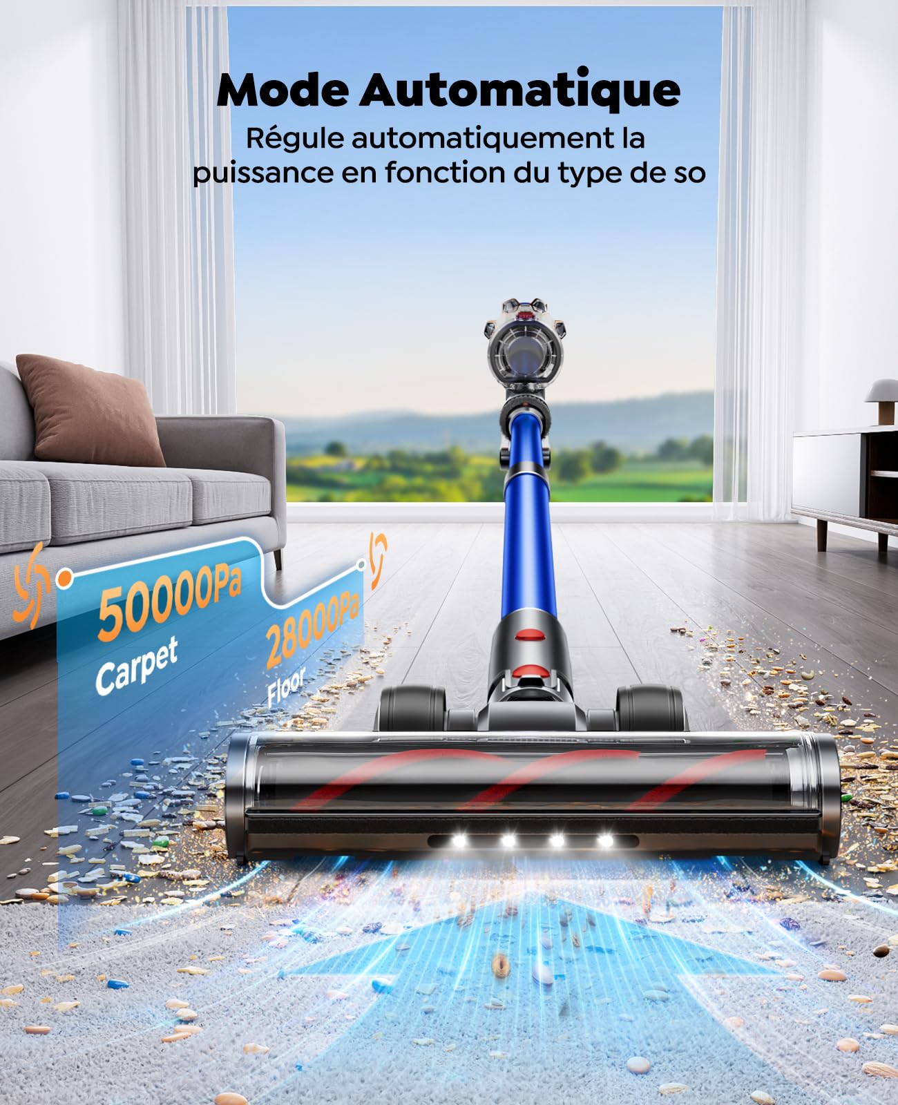 Fieety Aspirateur Balai sans Fil avec 2 Batteries, 130Min/50kPa/600W Aspirateur sans Fil Puissant, Tuyau Extensible, Brosse Canapé, Parfumé, Mode Automatique pour Sols Durs, Tapis, Animaux et Voiture
