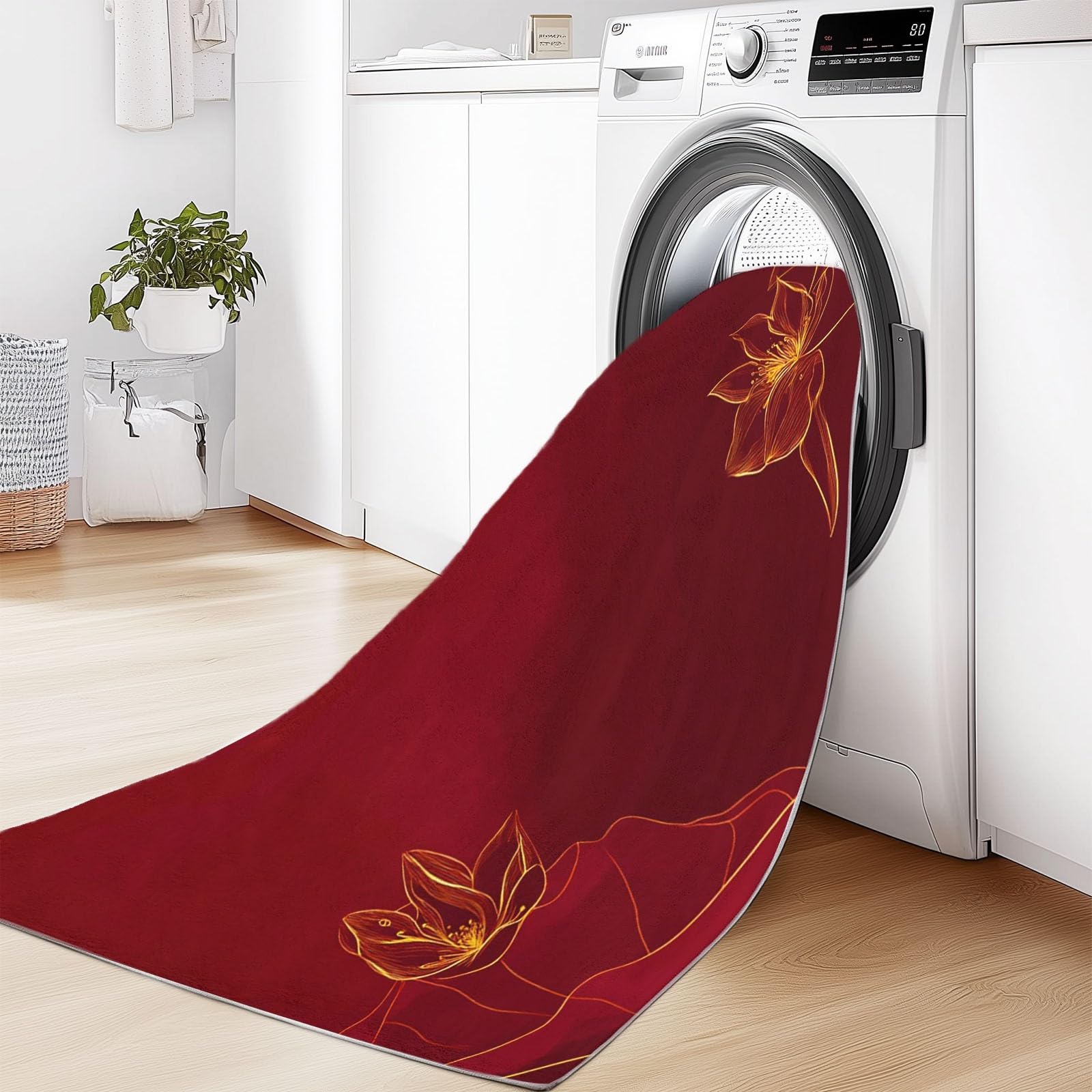 Generisch Kinderteppich Rot Osten Blumen Lotus Linien 80 x 150 cm - rutschfeste Spielmatte Krabbeldecke Teppich Pflegeleicht Waschbar, Weicher Kurzflor für Schlafzimmer & Home Office