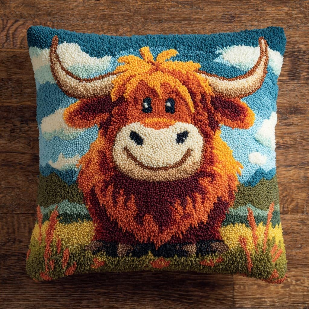 Henypt Latch Hook Cushion Kits,Latch Hook Kit, Highland Cattle