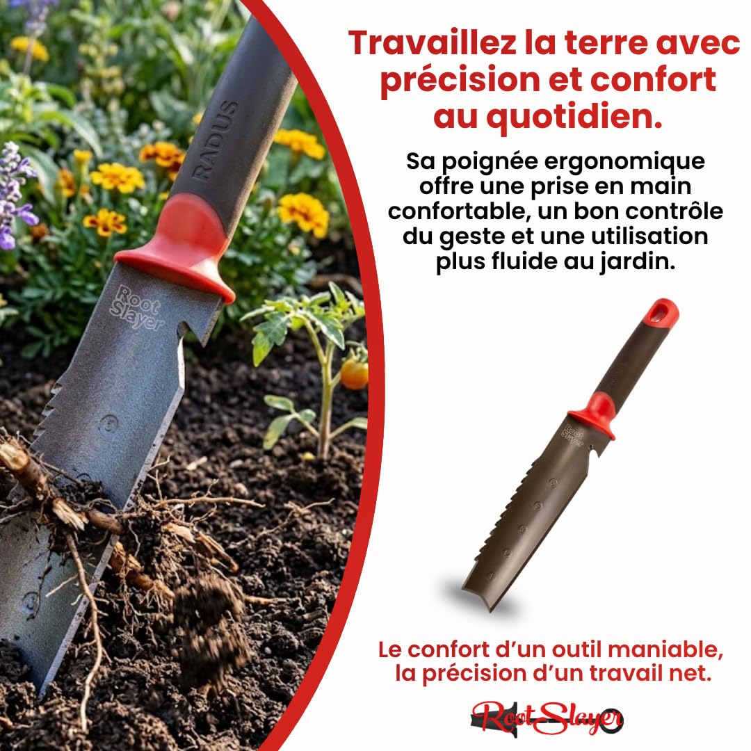 Venteo - Couteau de Sol Manuel Rootslayer | Lame Acier Carbone Dentée et Tranchant Lisse Affûtable | Desherbeur Manuel Précis pour Racines et Terre Compacte | Outils Jardinage Potager Massifs