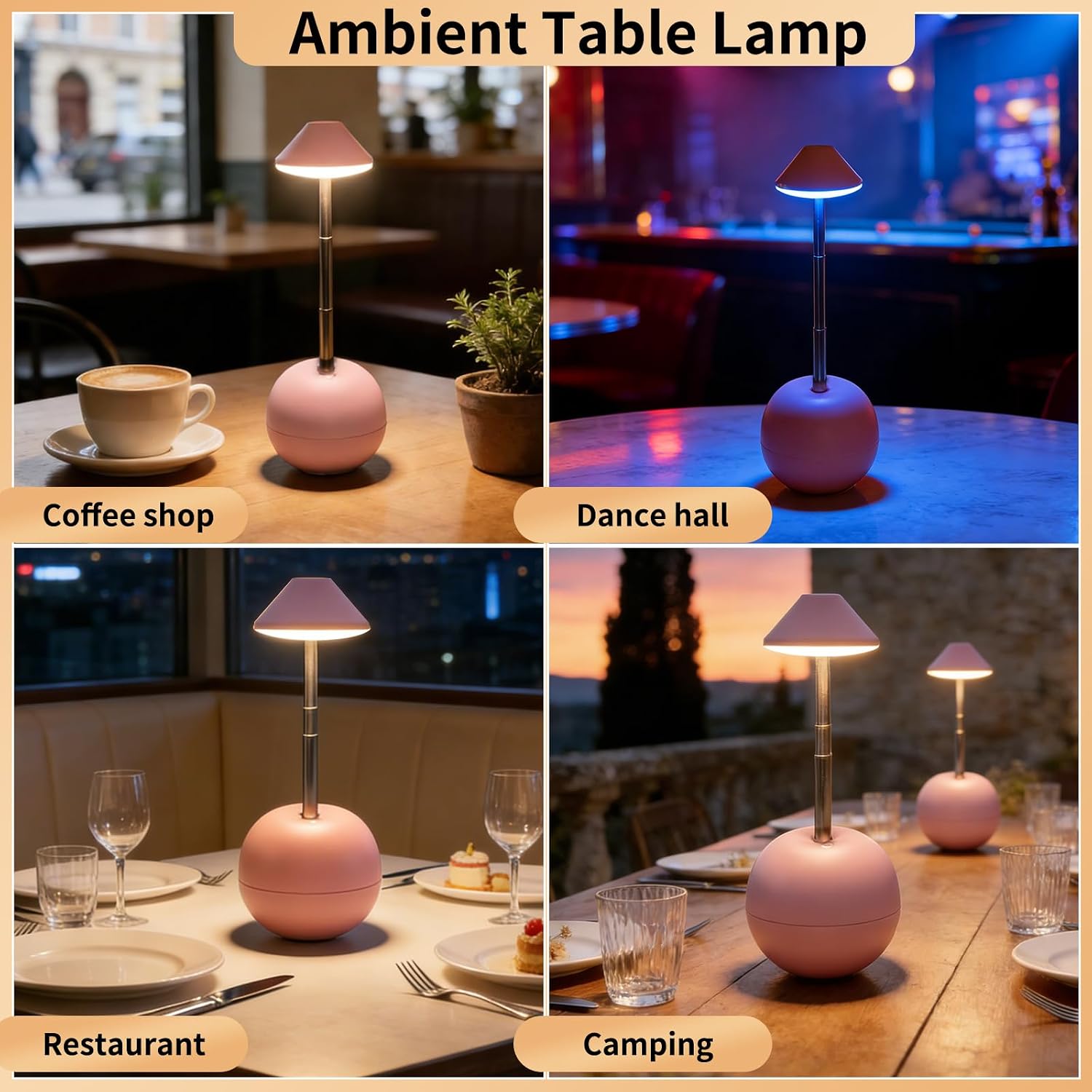 Rechargeable LED Table Light, Tumbler Cordless Table Lamp with 3 Colors & 7 RGB Stepless Dimmable Touch Control Lamps for Patio Restaurant Dining Home Bars (Pink)