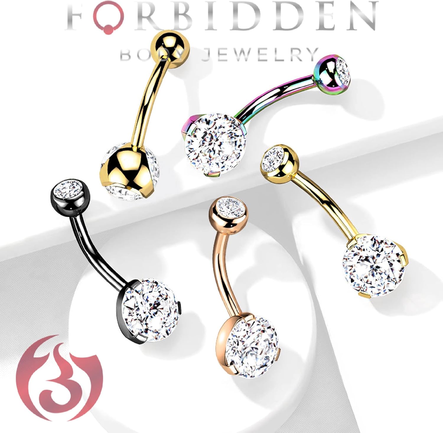 Forbidden Body Jewelry 14K Gold Belly Button Ring 14G 10mm w/Double Crystal - Stainless 316L Surgical Steel Belly Button Piercing - Yellow Barbell Belly Rings Women Navel Piercing Jewelry (1 Pc) - Image 4