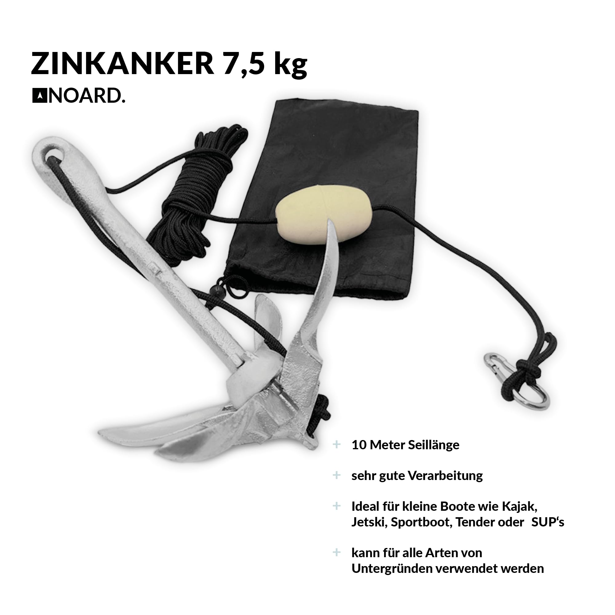 NOARD Zinkanker für Schlauchboote I I Gewicht wählbar I 2,3 kg I 5,5 kg I 7,5 kg I Zusammenklappbarer Anker aus Zink I Ultra kompakt