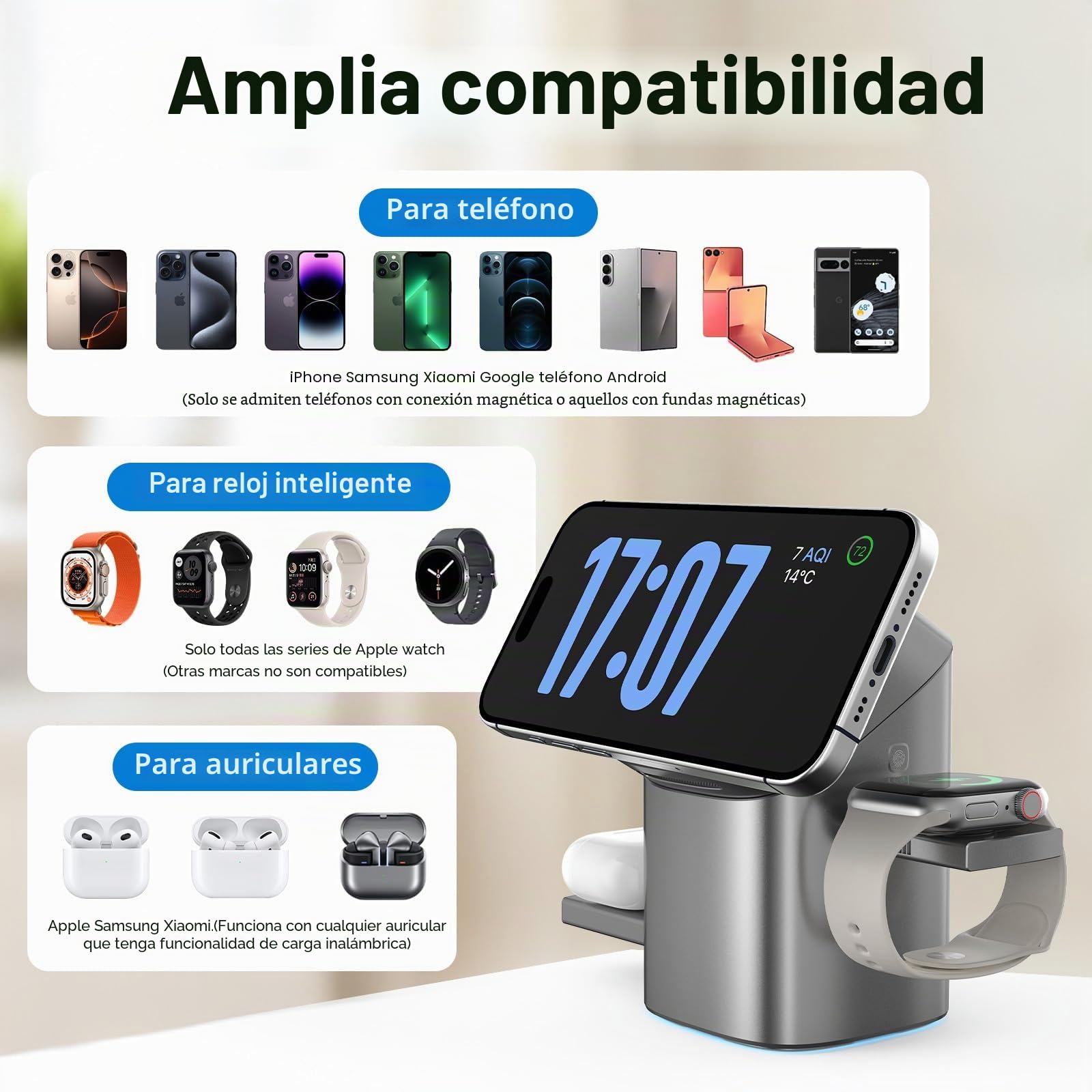 Estación de Carga inductiva 3 en 1 QI2, Soporte de Carga inalámbrica, Compatible con Carga rápida, para teléfono Compatible con iPhone, AirPods, iWatch, con Ventilador de refrigeración 33 W Plateado