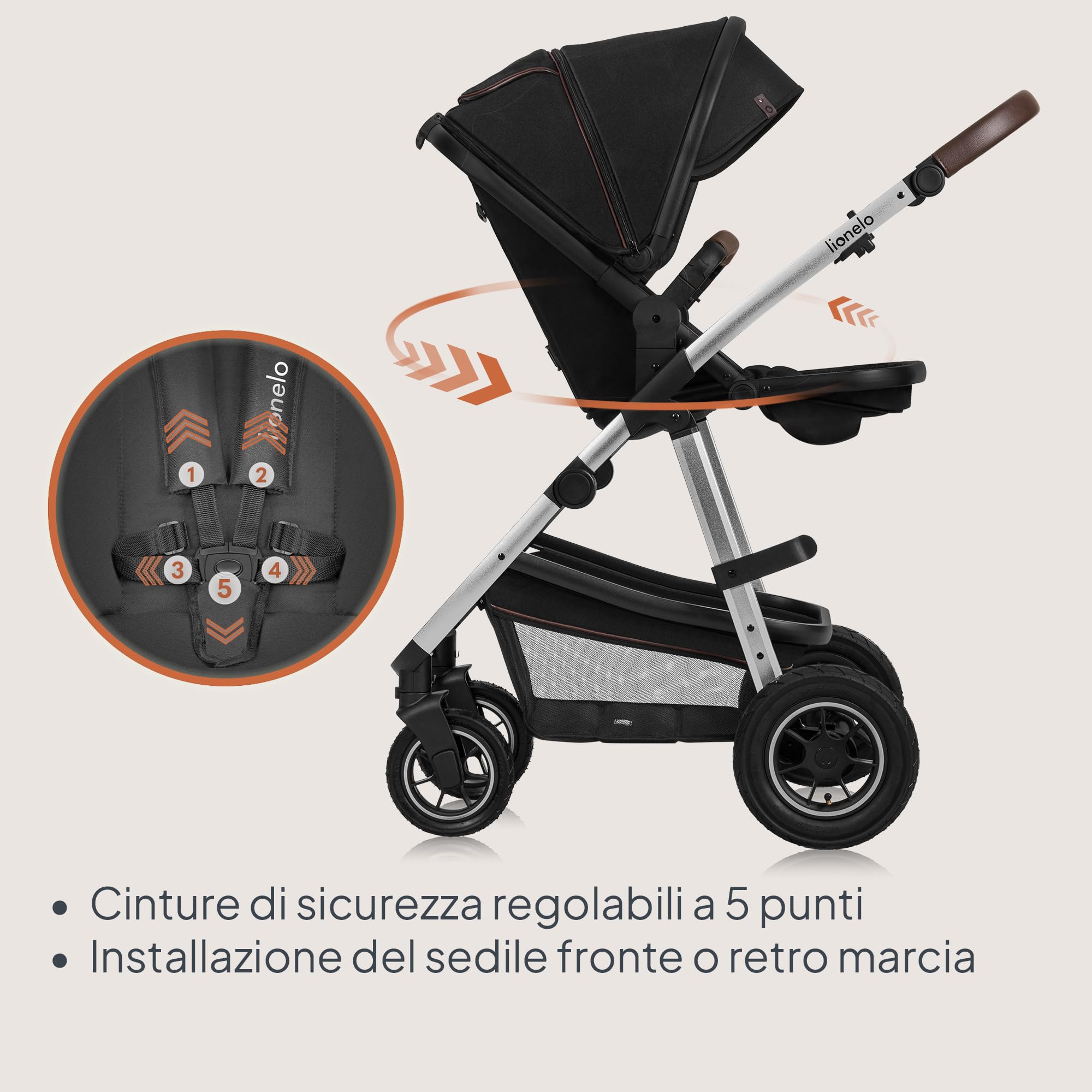 LIONELO Amber Passeggino Trio 3 in 1 da 0 a 48 Mesi fino a 22 kg | Set Passeggino + Navicella + Ovetto per Neonati e Bambini, Regolabile e Pieghevole, Ruote Grandi, Cappottina XXL