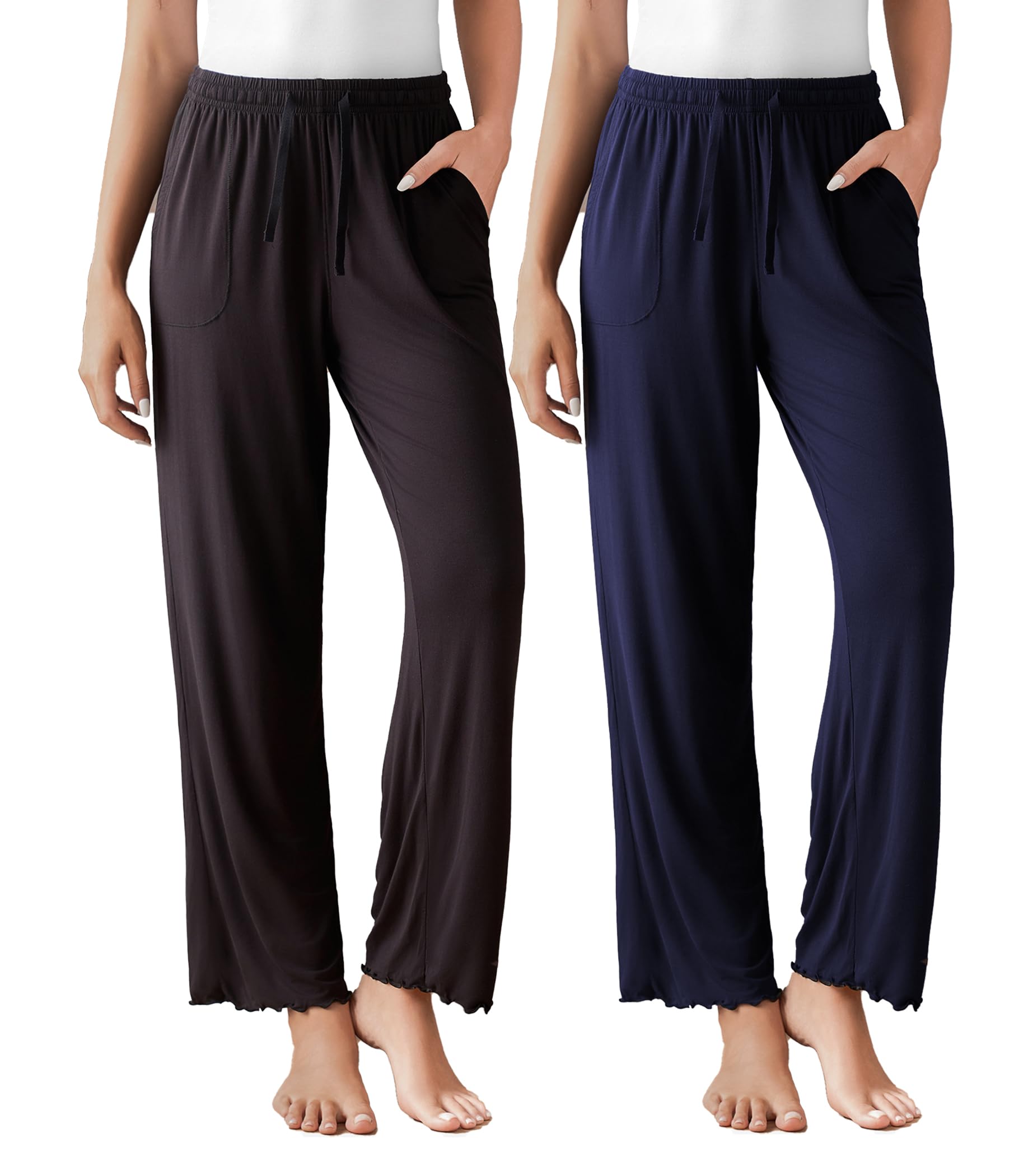 DAVID ARCHY Pantalones de pijama para mujer, de rayón de bambú, cómodos, con cordón, pantalones de descanso de pierna ancha con bolsillos, Negro y azul marino., M