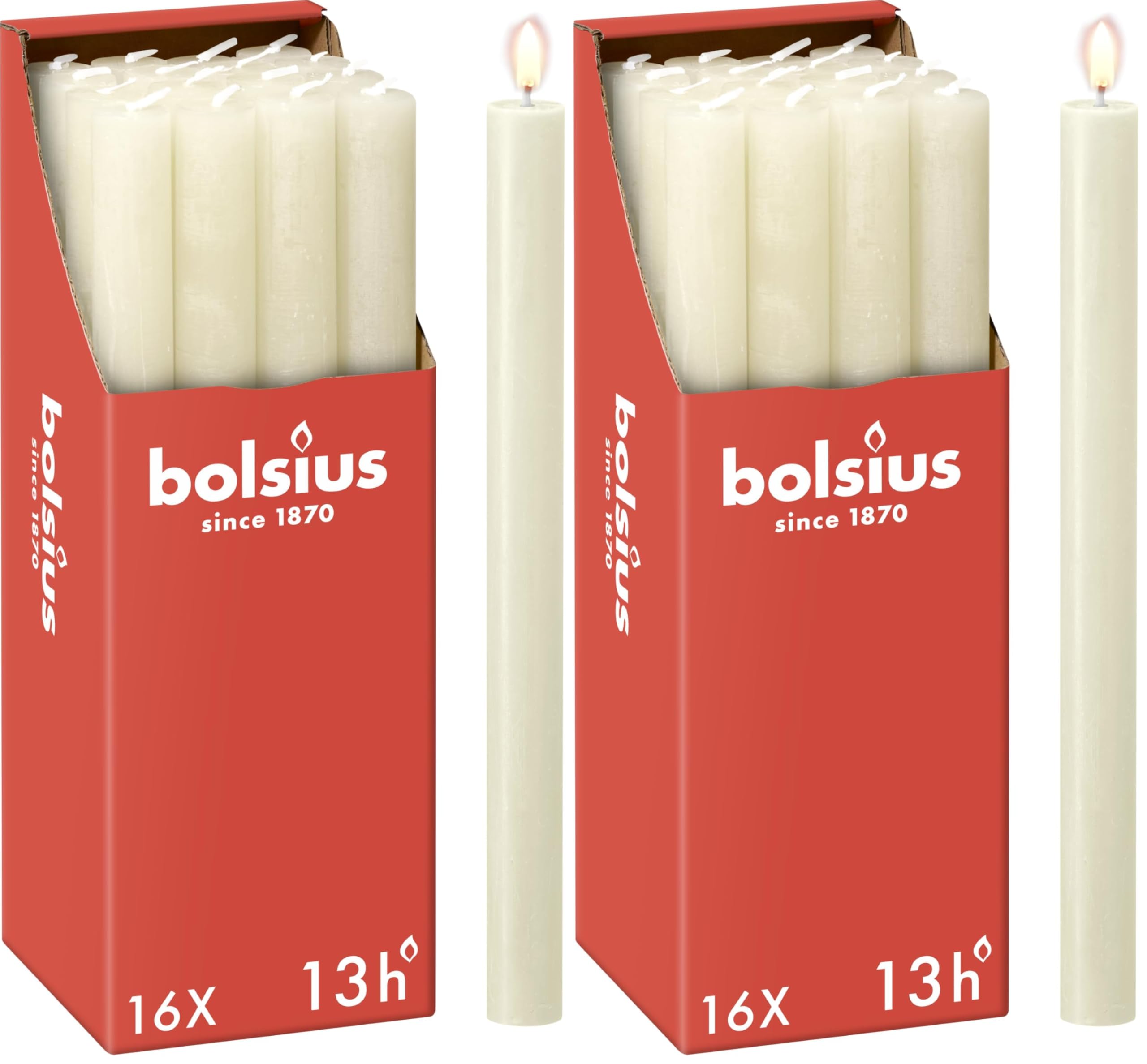 Bolsius - Rustik Stabkerzen - Elfenbein - 16 Stück - 27 x 2.3 cm - Länge Brenndauer 13 Stunden - Unparfümierte - Enthält Natürliches Pflanzenwachs - Ohne Palmöl (Packung mit 2)