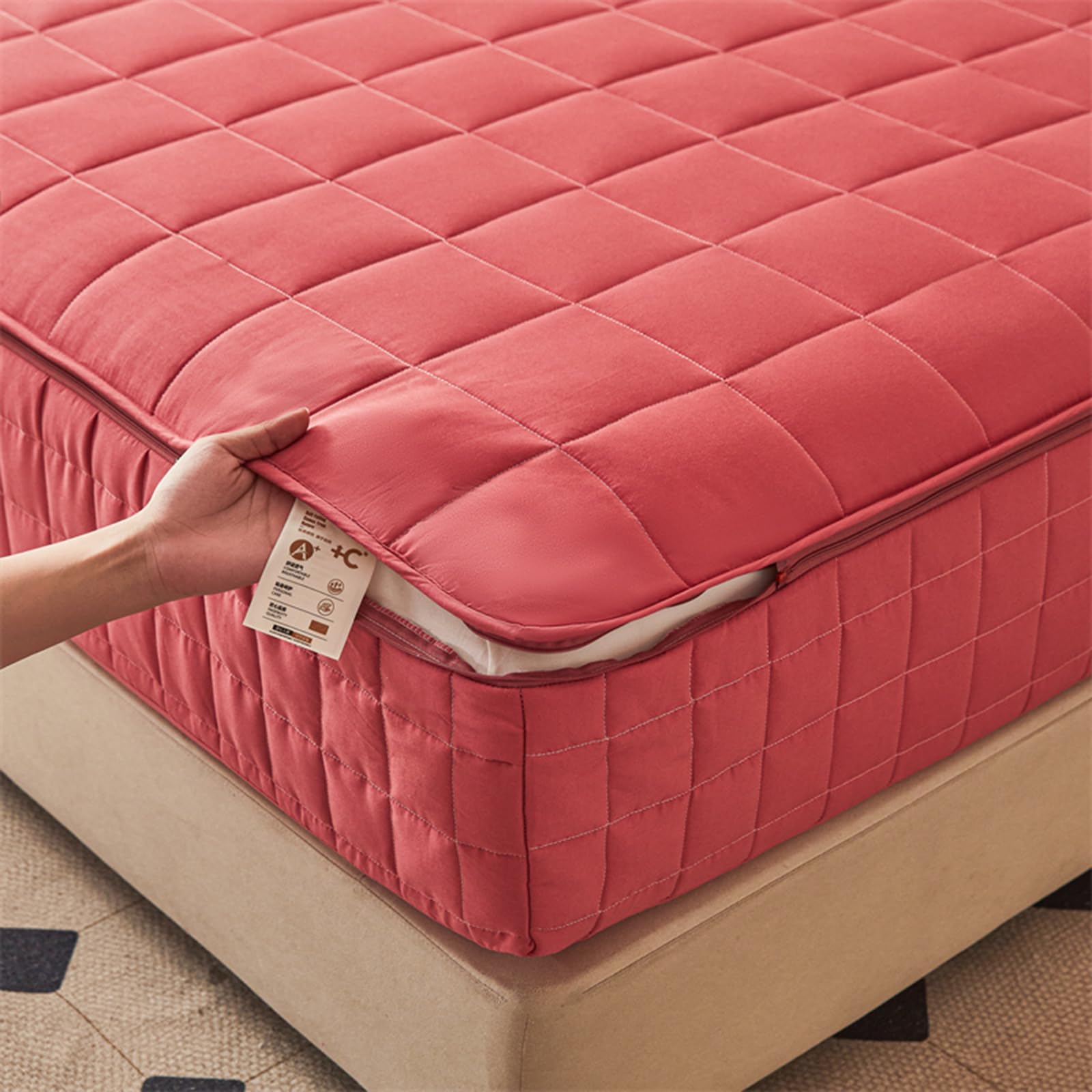 Protège-matelas imperméable rouge – Housse matelassée à fermeture éclair pour 135 x 190 cm Convient aux tailles 140/160 x 190 cm et amovible, parfait pour le rangement et la protection des