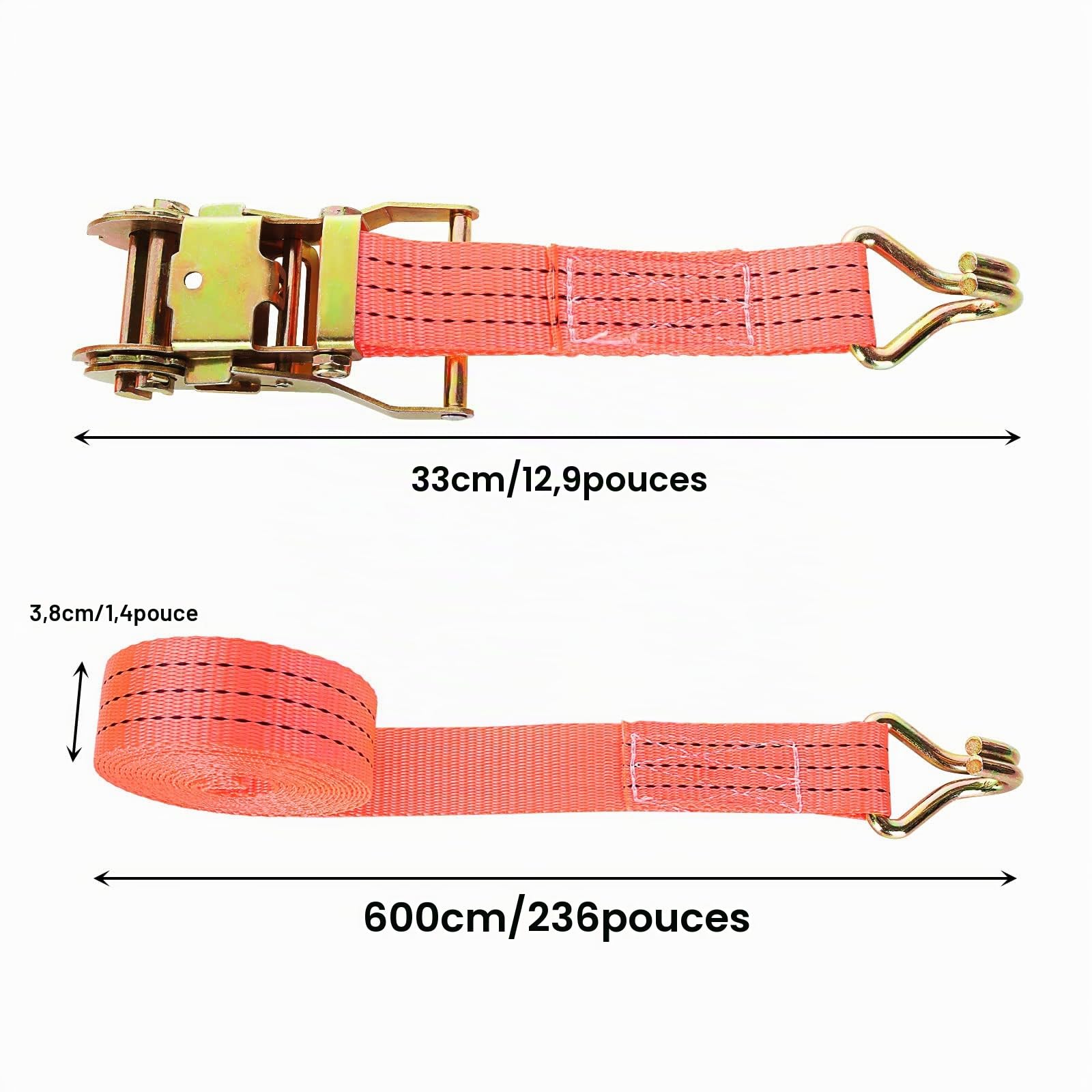 4 Pcs Sangles à Cliquet, Sangle d'arrimage à Cliquet avec Crochet Tendeur pour Moto, Voiture, Remorque, Capacité de 3000 kg, 6M x 38MM - Orangé | Sangle a Cliquet avec Crochet pour Moto, Voiture, Remorque, Capacité de 1000 kg - Orangé