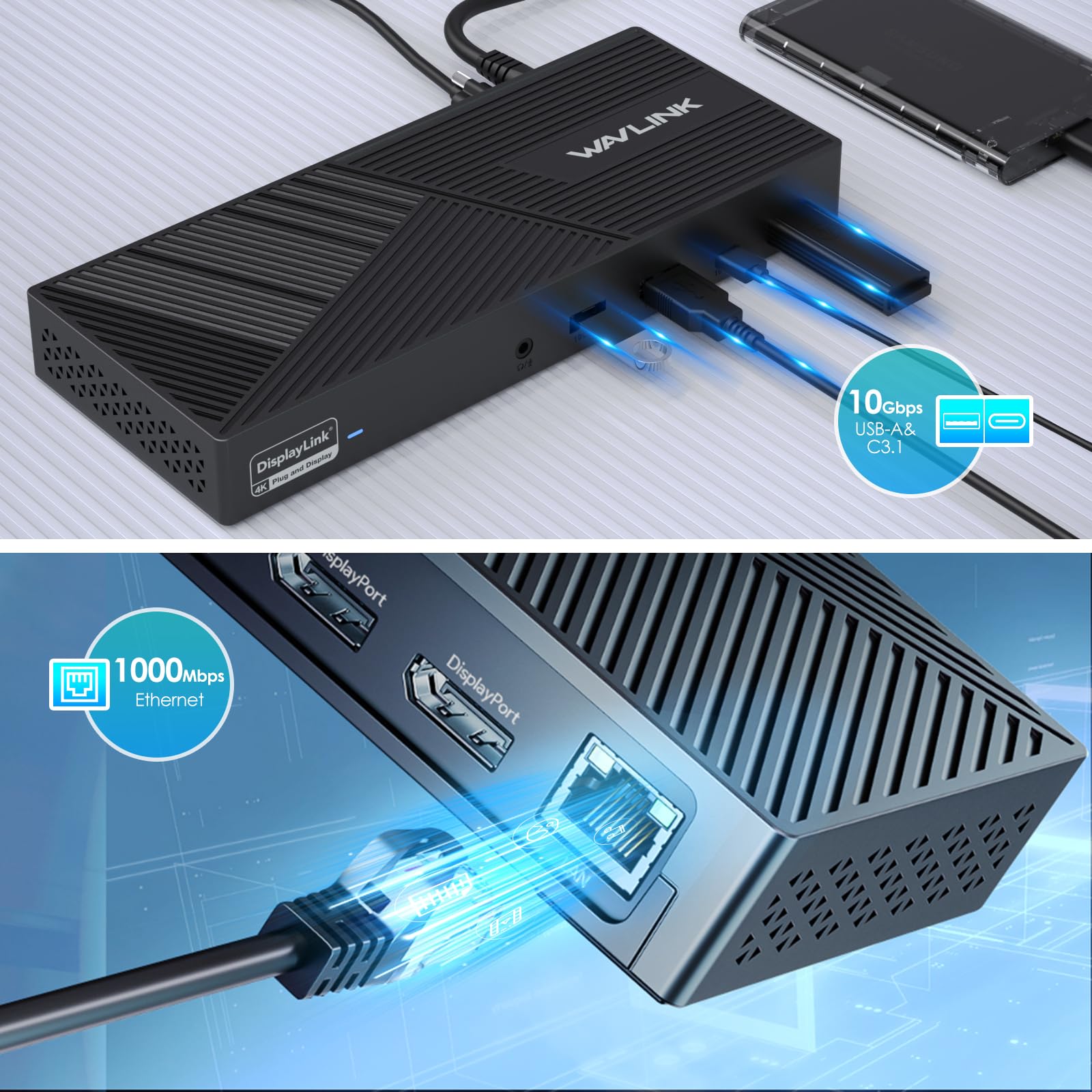 WAVLINK Docking station universale USB C con 3 HDMI, 2 DP, 100 W PD, Gigabit Ethernet, 6 × 10 Gbps USB-A&C, audio, microfono, compatibile con Mac OS e Windows