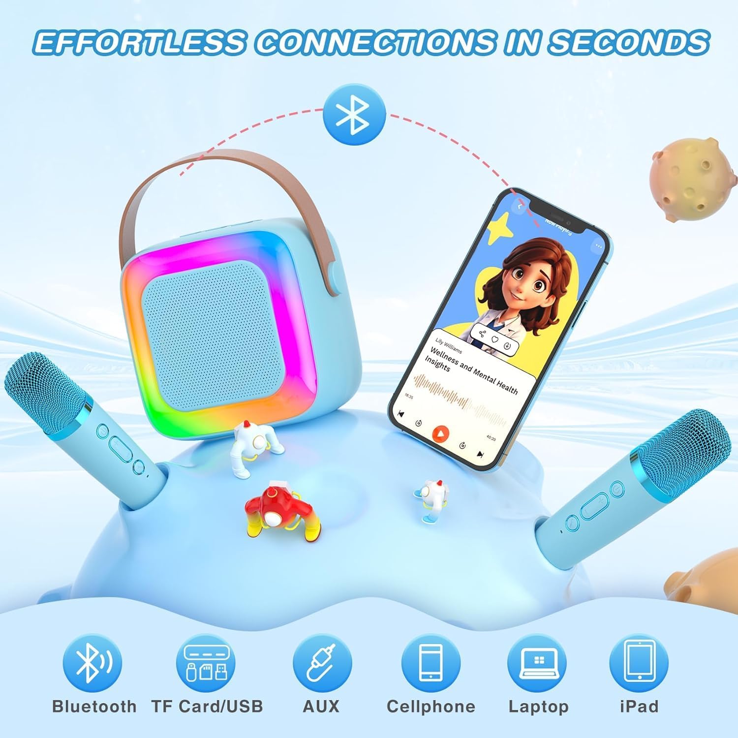 Mini Karaoke Machine for Kids Adults,Portable Bluetooth Karaoke Speaker with 2 Wireless Microphone and LED Lights,Toys for Party,Home KTV,Birthday for Boys 4, 5, 6, 7, 8,12+ Toddler Teens(Blue) - Image 4