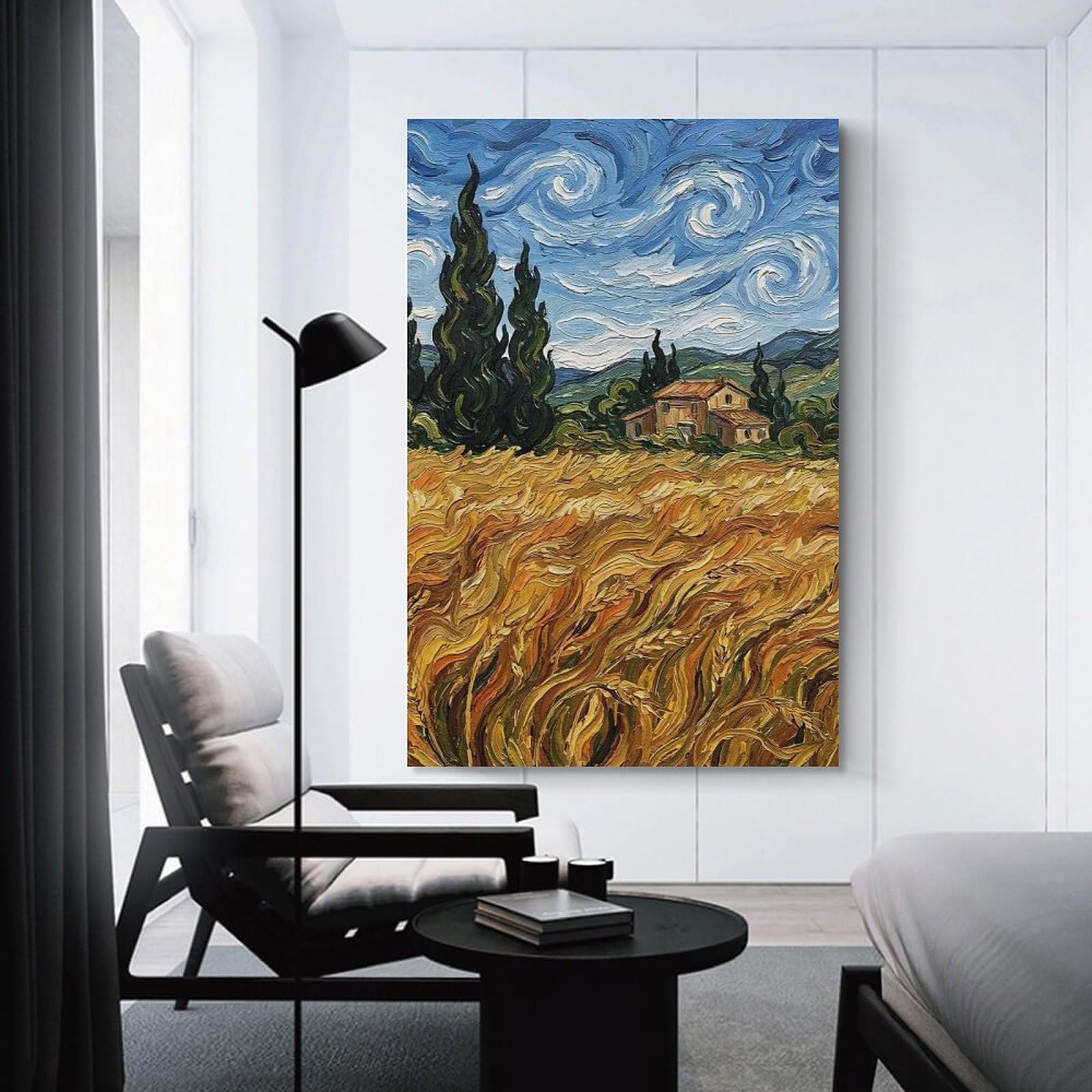 Junmoney Wheat Field with Cypresses Painting Canvas Wall Art, 20x30inch(50x75cm), for Living Room, Bedroom, Office Or Hallway, Versatile Wall Decor for Many Rooms