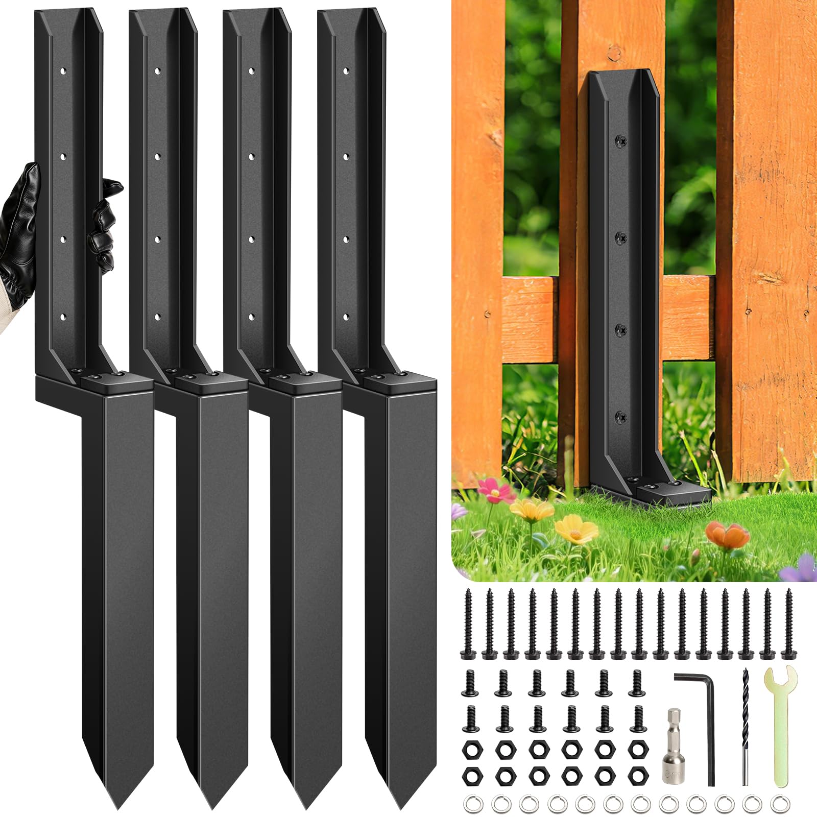 4 Pcs Fence Post Repair Kit Heavy Duty Fence Post Anchor Ground Stakes for Repair Tilted Broken Wood