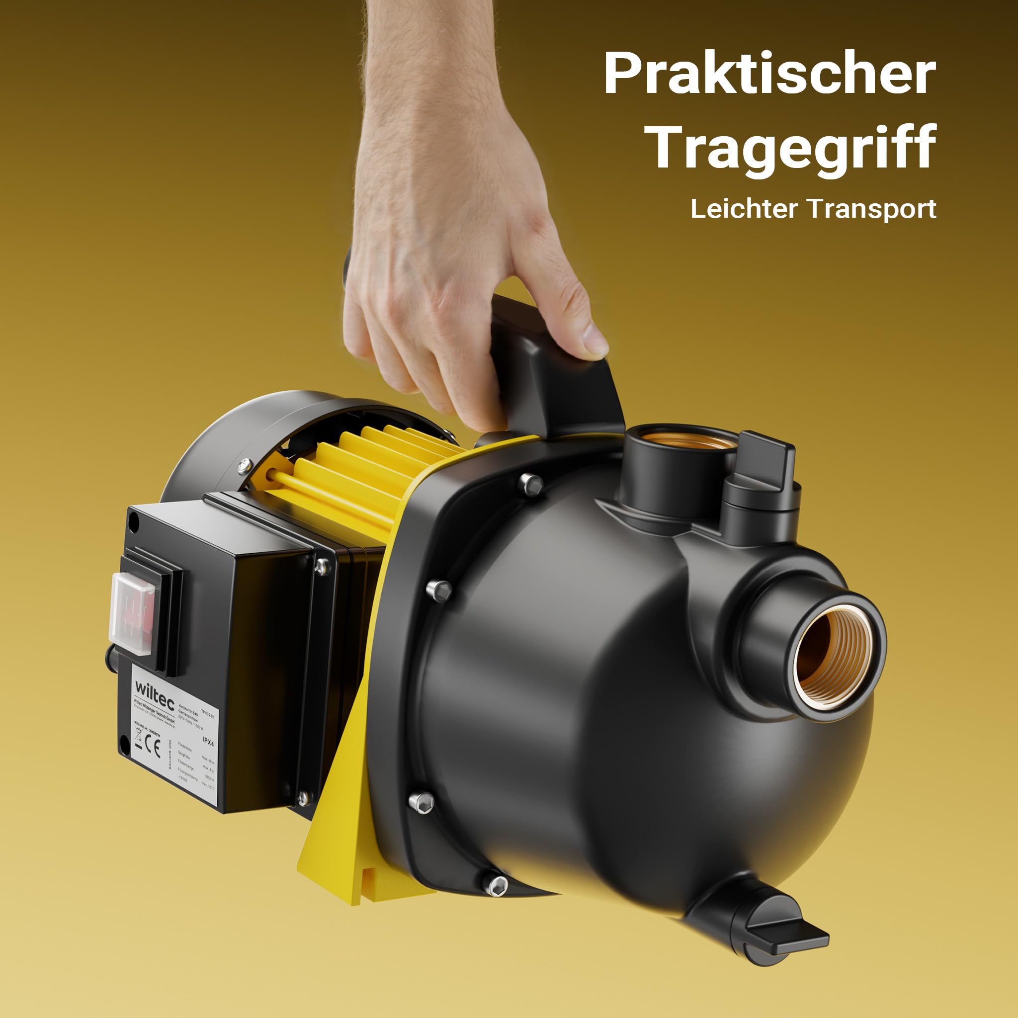 Wiltec Gartenpumpe 3800/h, 1200W, mit Tragegriff & Wasserablassschraube, max. Förderhöhe 48m, für Süßwasser Hauswasserwerk Wasserpumpe Bewässerungspumpe Regenwasserpumpe