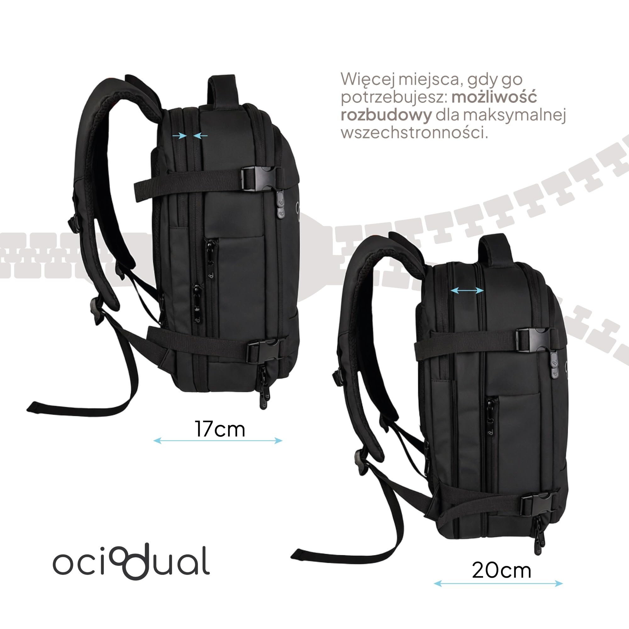 OcioDual Plecak podręczny Ociodual 40 × 30 × 20 cm, rozszerzalny plecak kabinowy, torba kabinowa z przegrodą na laptopa, wieloma kieszeniami i otwarciem 180°, czarny