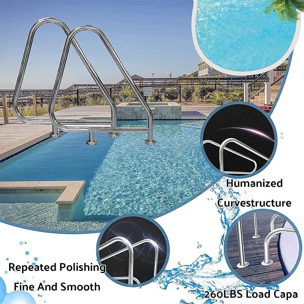 Pool Handrails for Inground Pool Entrances, 304 Stainless Steel Safety Handrails, 3 Elbow Humanized Handle Design,Full Set Accessories,Silver