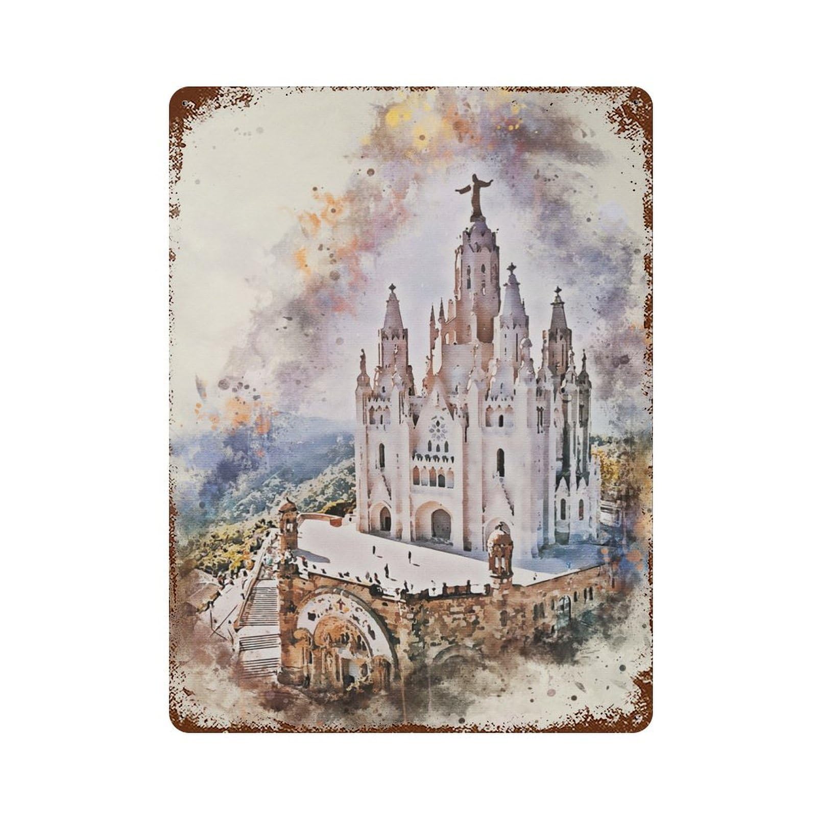 Barcelona Spain Watercolor Vintage Metal Tin Sign 15.7"x11.8", Novelty Wall Decor for Garage, Pub Or Kitchen
