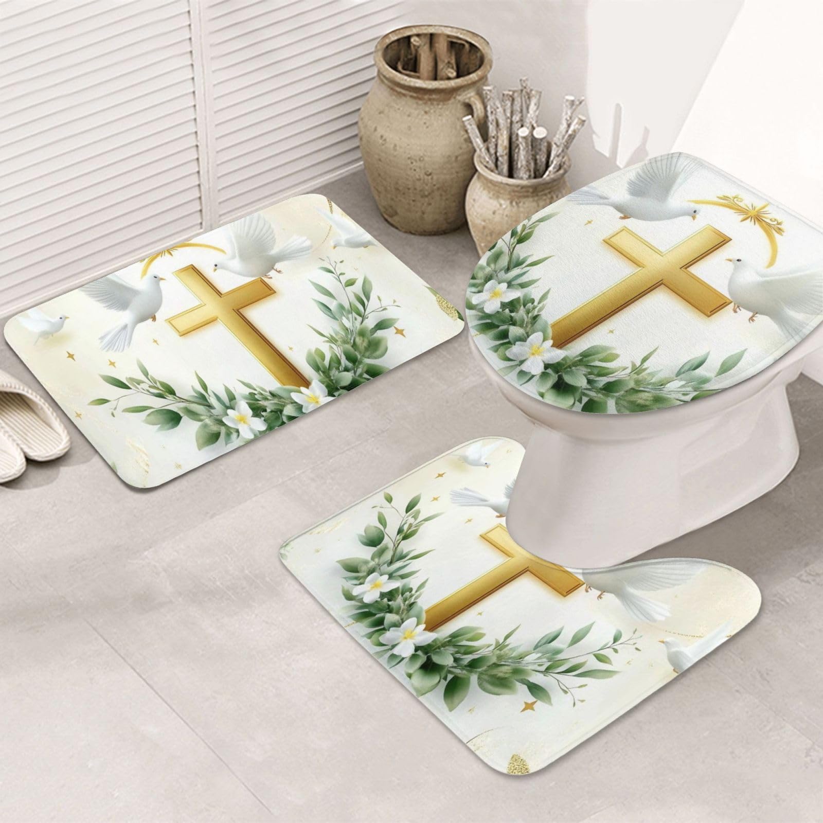 Alfombrilla de baño antideslizante con palomas de la paz juego de tres piezas lavable