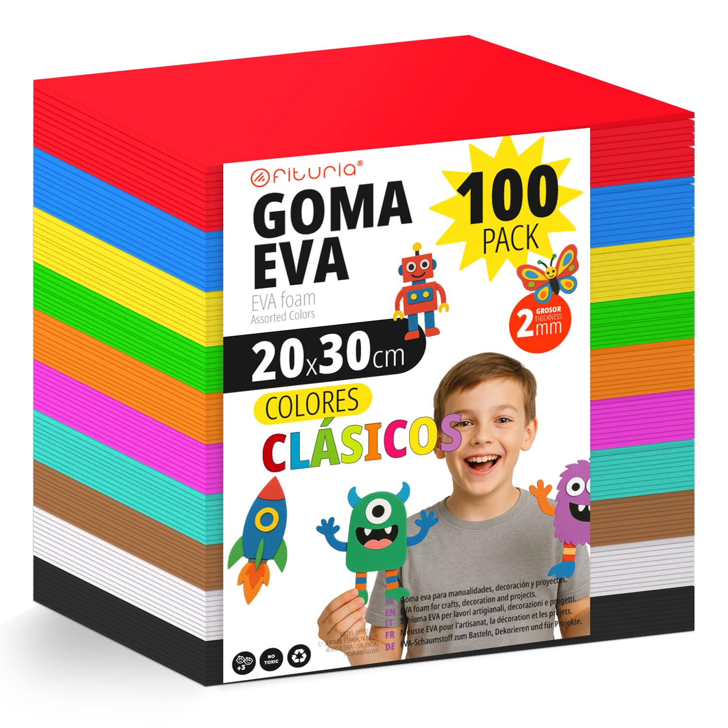 OFITURIA Pack 100 Hojas de Goma Eva, Tamaño 20x30cm, 10 Colores Básicos Surtidos Ideales para Proyectos Creativos, Manualidades, Uso Escolar o Profesional, Foamy EVA (Surtido Clásicos)