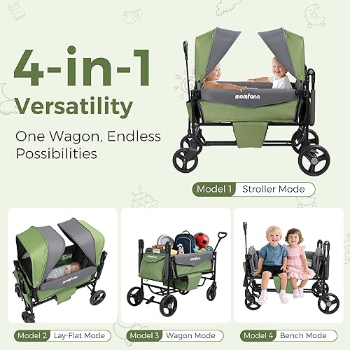 Miniatura 4 de Cochecito para 2 niños con toldo, cochecito plegable todo terreno con asa ajustable para empujarjalar, organizador para padres, arnés de 5 puntos,