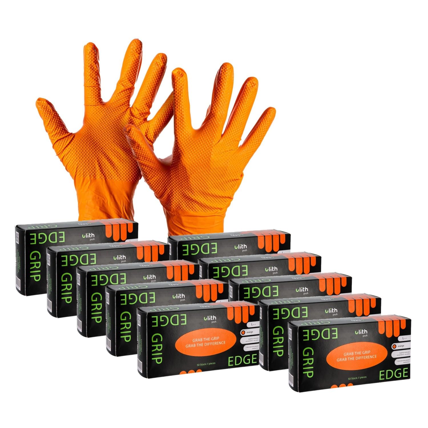 ARLI Edge Grip Nitril Einweghandschuhe Größe L orange 8,5 g Diamantstruktur puderfrei Arbeitshandschuhe Werkstatt Industrie Montage Automotive Handschuhe (500 Stück)