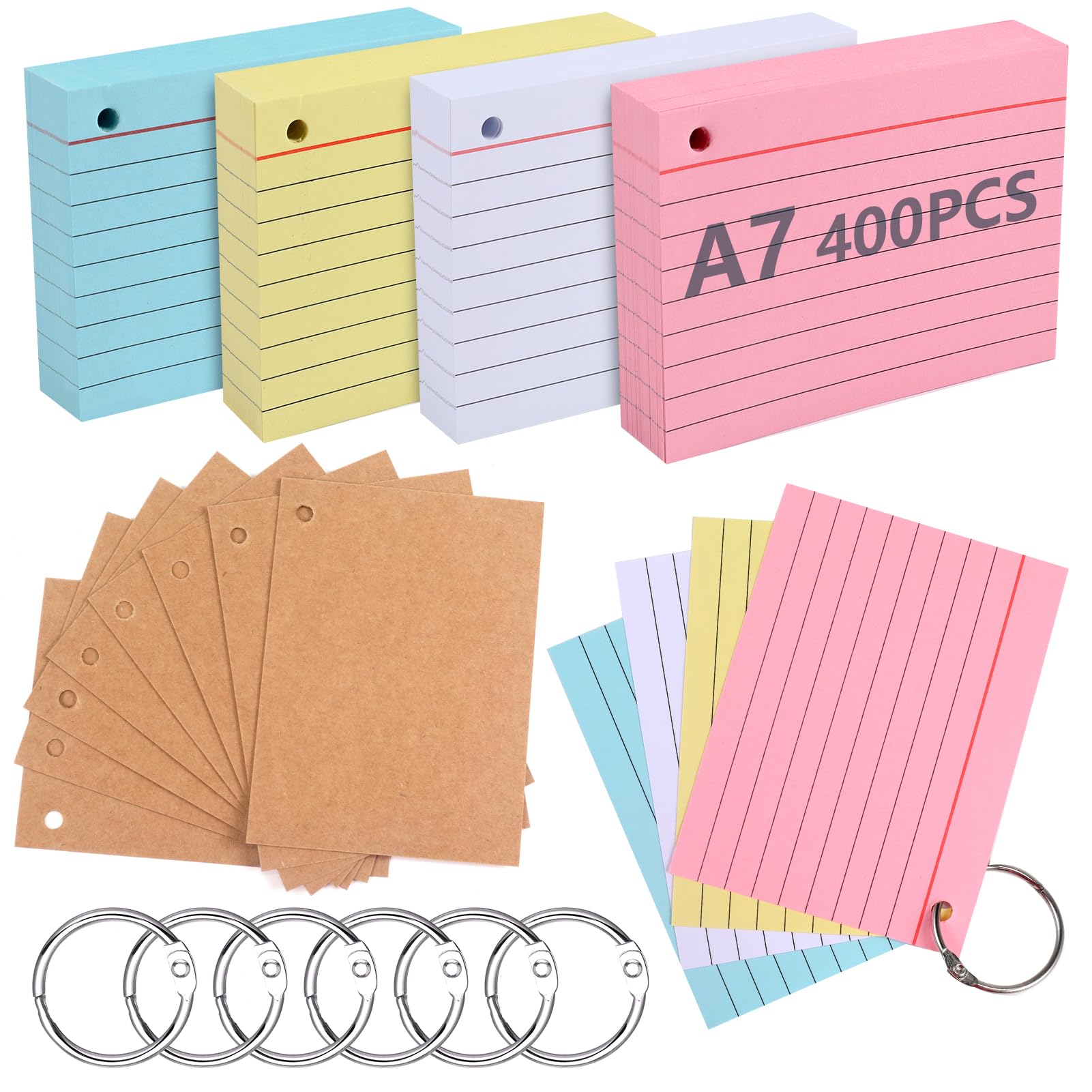 moinkerin Index Cards 400 Pieces 4.1 * 3 Inch Multicolor Record Cards with 6 Binder Rings 8 Kraft Paper Flashcards for Office Home School Learning