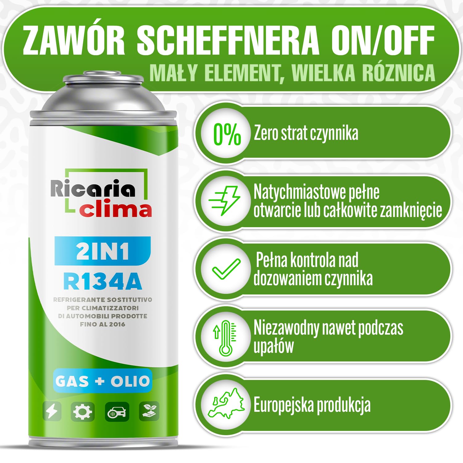 Zamiennik Czynnika Chłodniczego R134a Gaz 1x 235 g z Wężem i Adapterem HP/LP do Klimatyzacji – Napełnianie Klimatyzacji Samochodowej – Gaz R134a – Kartusz Gazu – ECO