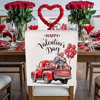 Chair Back Covers Set of 1, Vintage Rugby Love on Red Truck Dining Room Chair Cover Washable Removable Slipcover, Happy Valentine's Day Chairs Protector for Kitchen Hotel Party
