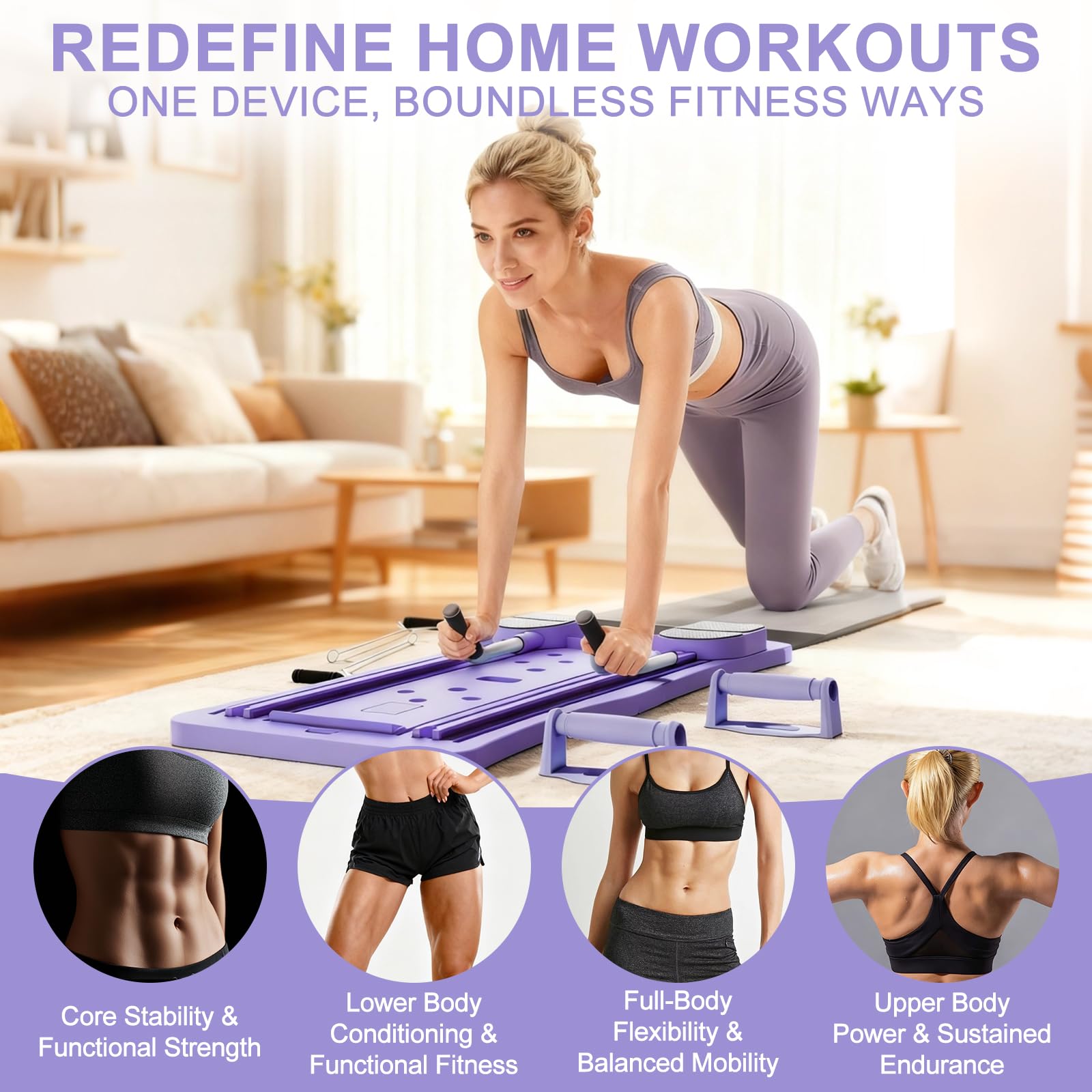 Roadtime Riformatore per pilates pieghevole, con rullo addominale e timer, portatile, multifunzione, con rimbalzo automatico, attrezzatura per allenamento completo del corpo, per casa e palestra