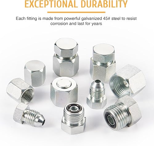 Miniatura 4 de ZELCAN Kit de tapa hidráulica industrial JIC y ORFS de 128 piezas y manguera de enchufe y kit de montaje de tuberías con acero galvanizado 45# y