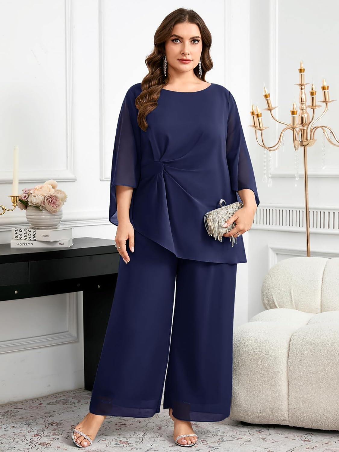 CYCLAMEN Plus Size Mother of Bride Pant Suits 2 Piece Chiffon Sets Asymmetric Wedding Guest Outfit - Image 3