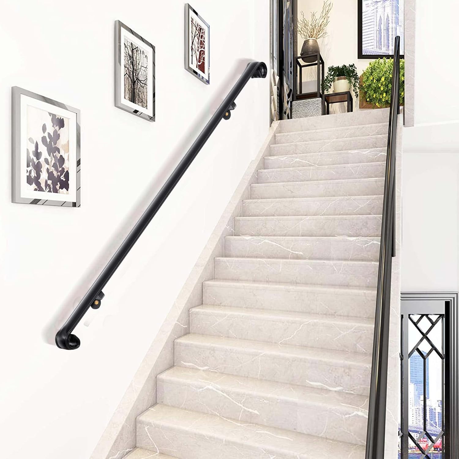 SCARIU 4 Ft Handrail Black Staircase Hand Railing Safety 440 LBS Load Capacity Black Wrought Iron Handrail for Steps Indoor & Outdoor - - 
