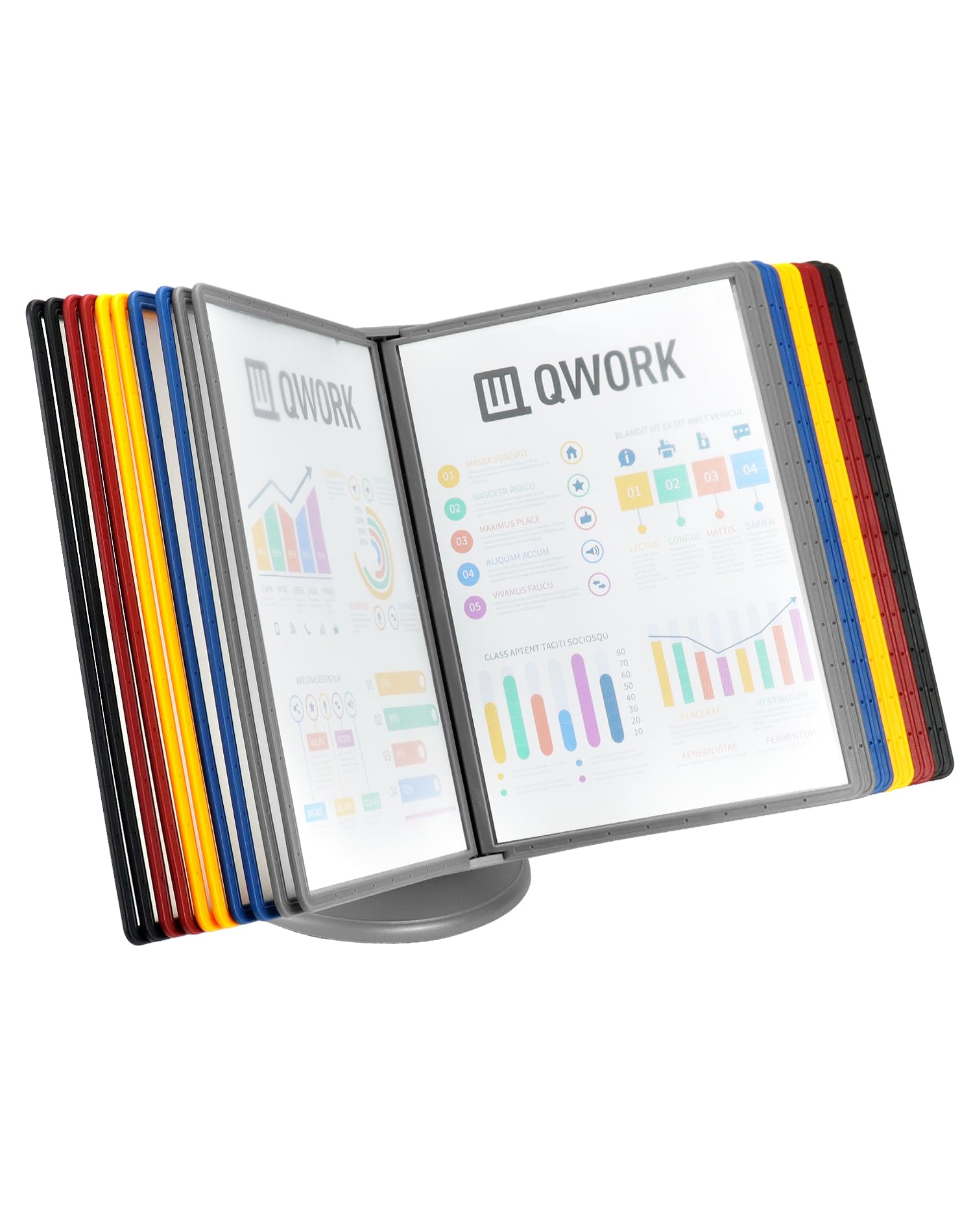 QWORK® stojak na stół, regulowany 360°, wielobarwny uchwyt na dokumenty do sal wystawowych, restauracji, biur, miejsc publicznych, 20 tablic wystawowych A4