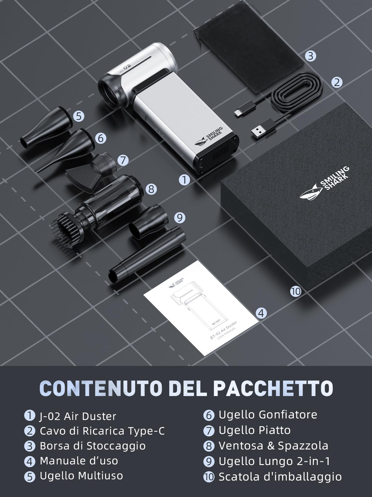 Smiling Shark Elettrico Rimuovi Polvere Aria Compressa, J02 Alluminio 150000 Giri/Min Soffiatore d'Aria Elettrico - Senza Fili con Modalità Storm & Batteria 8000mAh per PC/Auto/Casa/Camping, Argento