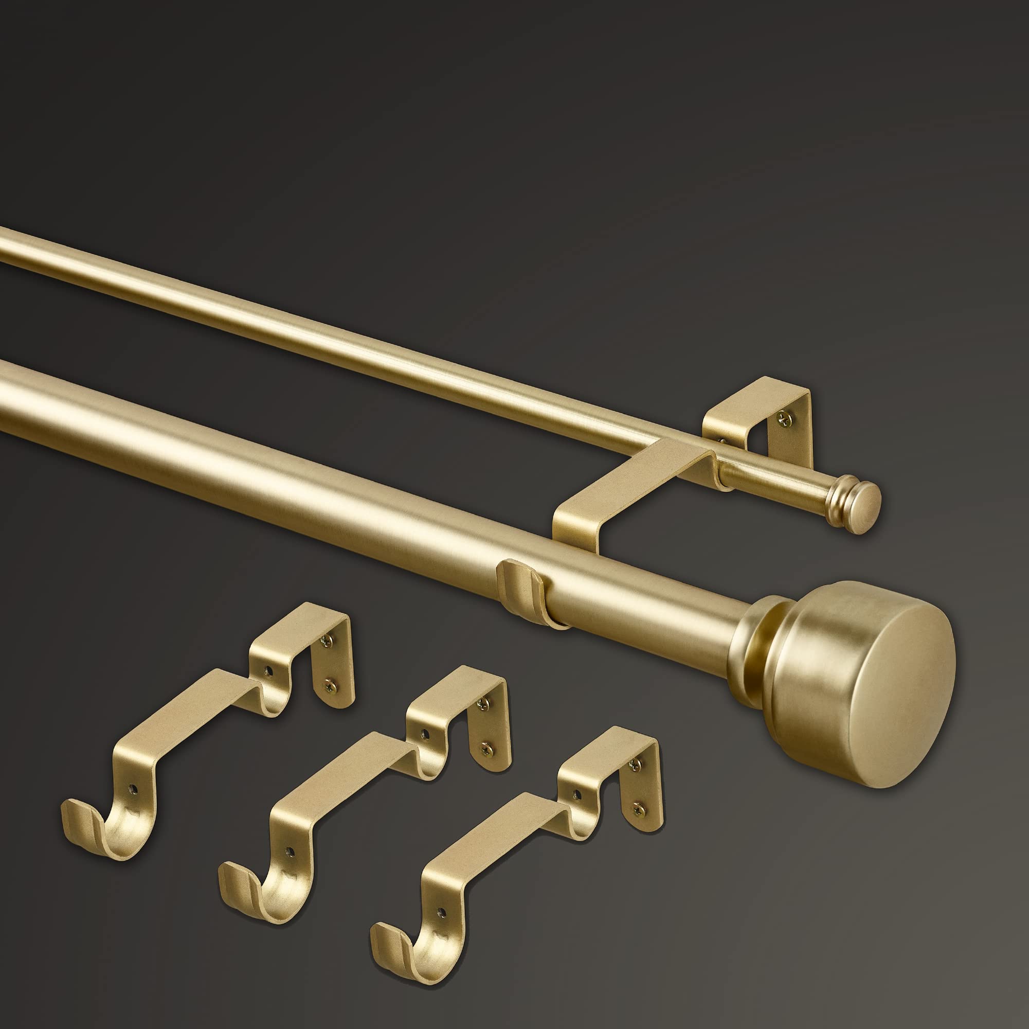 MODE Premium Collection Double Curtain Rod Set (1 1/8" Front Rod and 5/8" Back Rod) with Mod Doorknob Curtain Rod Finials, Wall Mounted Adjustable Curtain Rod, Fits 144'' to 240'' Windows, Brushed Gold