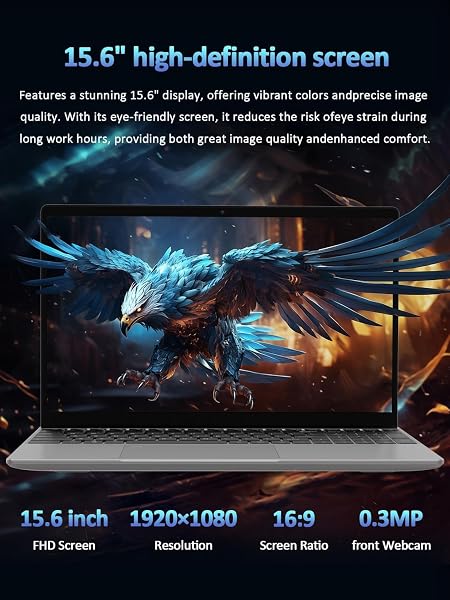 Auusda 15.6" Silver Laptop, N-Series Quad-Core up to 3.6GHz, 16GB DDR4 RAM, 1TB SSD, FHD Display, Fingerprint, Backlit Keyboard, 8000mAh Battery, Lightweight Notebook for Work & Study - 3