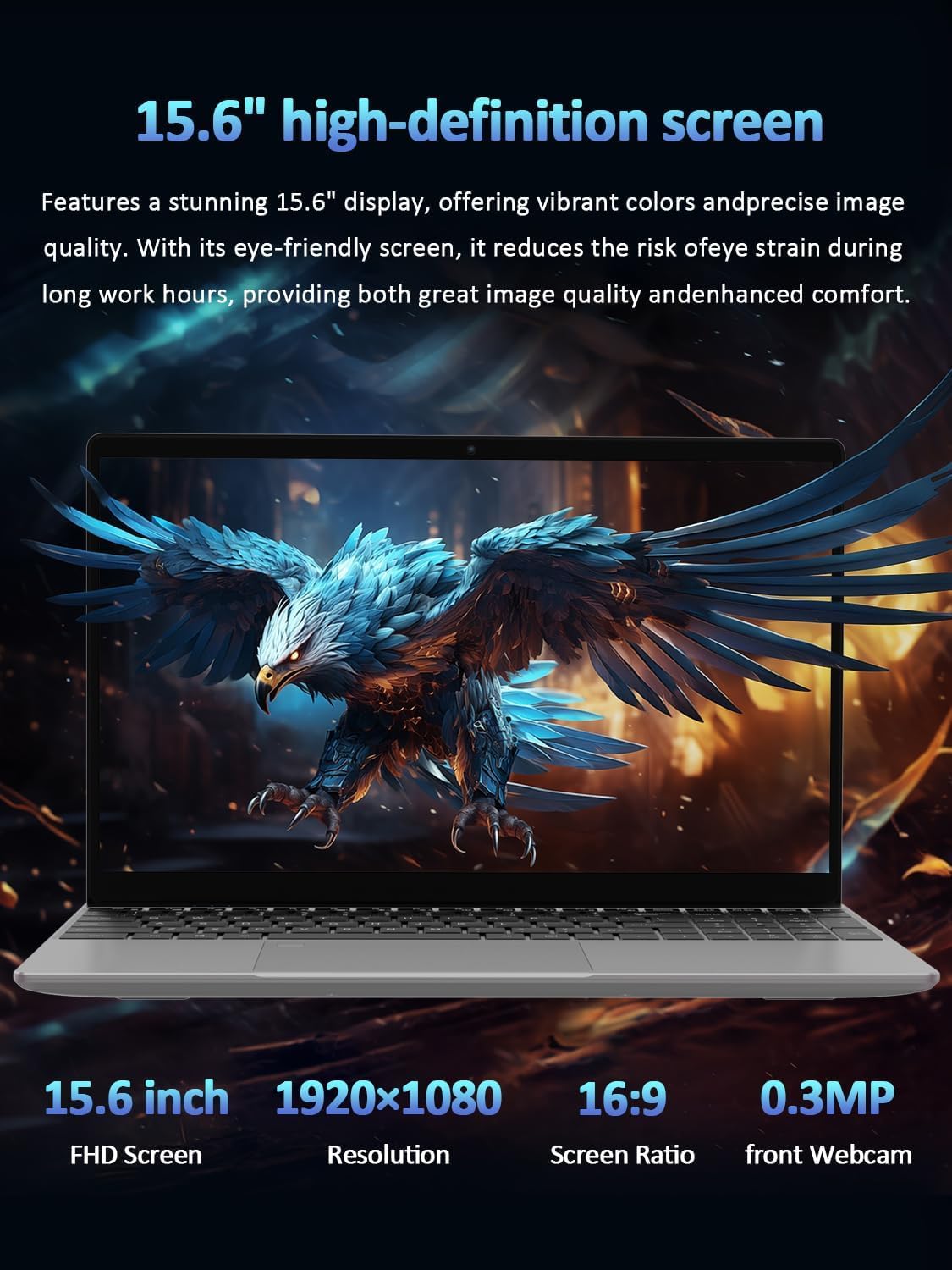 Auusda 15.6" Silver Laptop, N-Series Quad-Core up to 3.6GHz, 16GB DDR4 RAM, 1TB SSD, FHD Display, Fingerprint, Backlit Keyboard, 8000mAh Battery, Lightweight Notebook for Work & Study — view 3