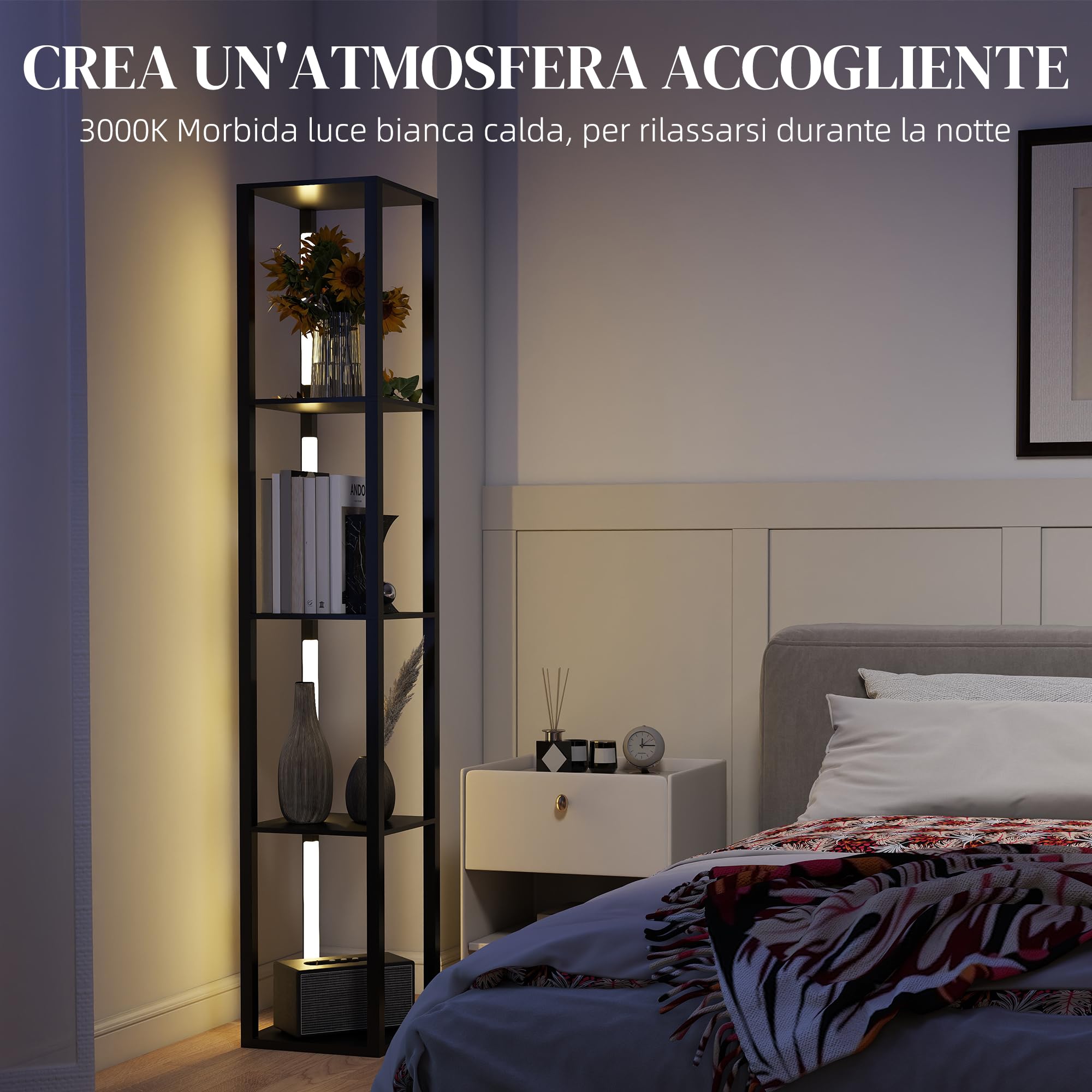 HOMCOM Lampada da Terra con 4 Ripiani Luce Dimmerabile 29x29x163 cm Nero | 3 Luminosità Regolabili, Interruttore a Pedale, Piantana Lampada da Terra, per Soggiorno, Salotto e Camera
