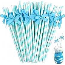 36 Pcs Blue Bow Design Paper Straws, Disposable Party Straws for Birthday Wedding Bridal Shower Baby Shower, Party Decorations Supplies for Juice Coffee Tea Cocktail Milkshake