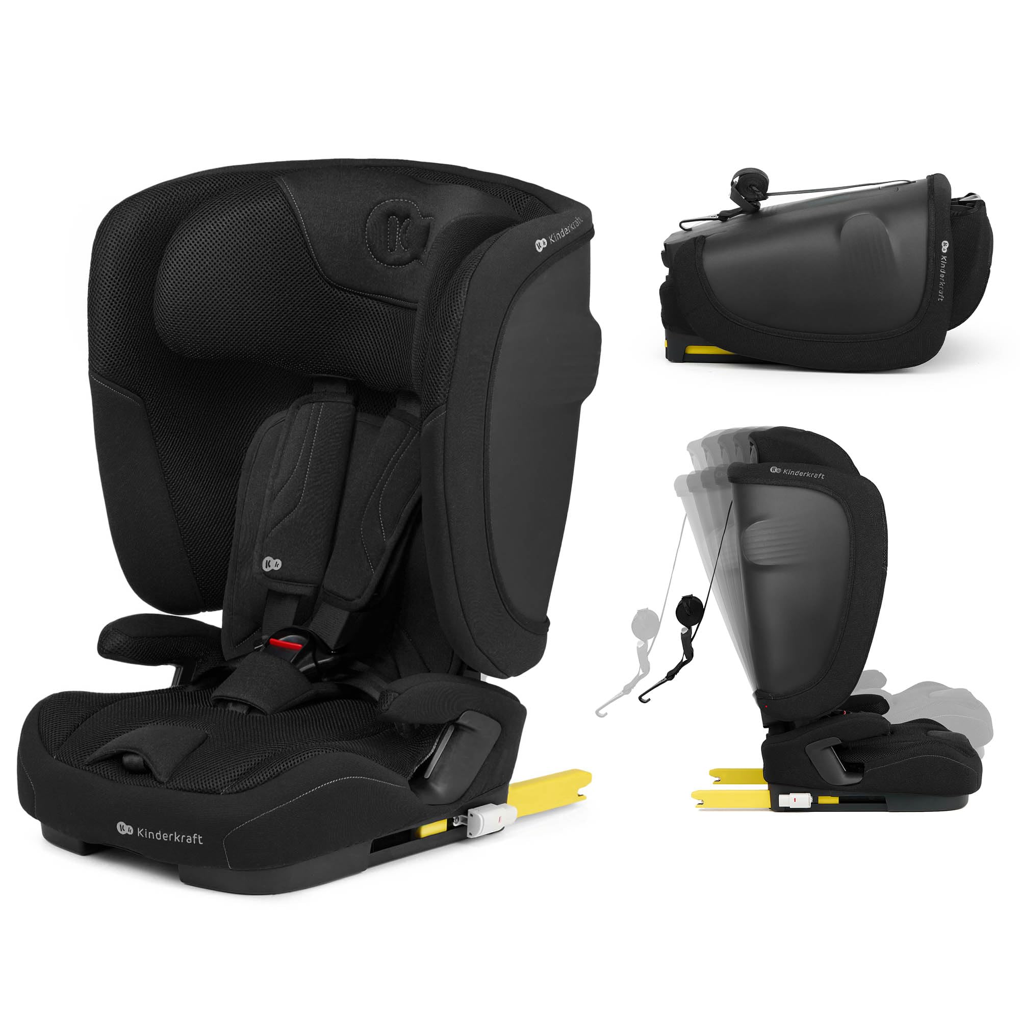 Kinderkraft FIX2GO Autokindersitz i-Size 76-150 cm (15M-12J), faltbar, Tragegriff, ISOFIX+Top Tether, SAFERIDE Sensor, SPS+, H-GUARD+, 5-fach RECLINING, Air Flow, Bezug waschbar, Schwarz